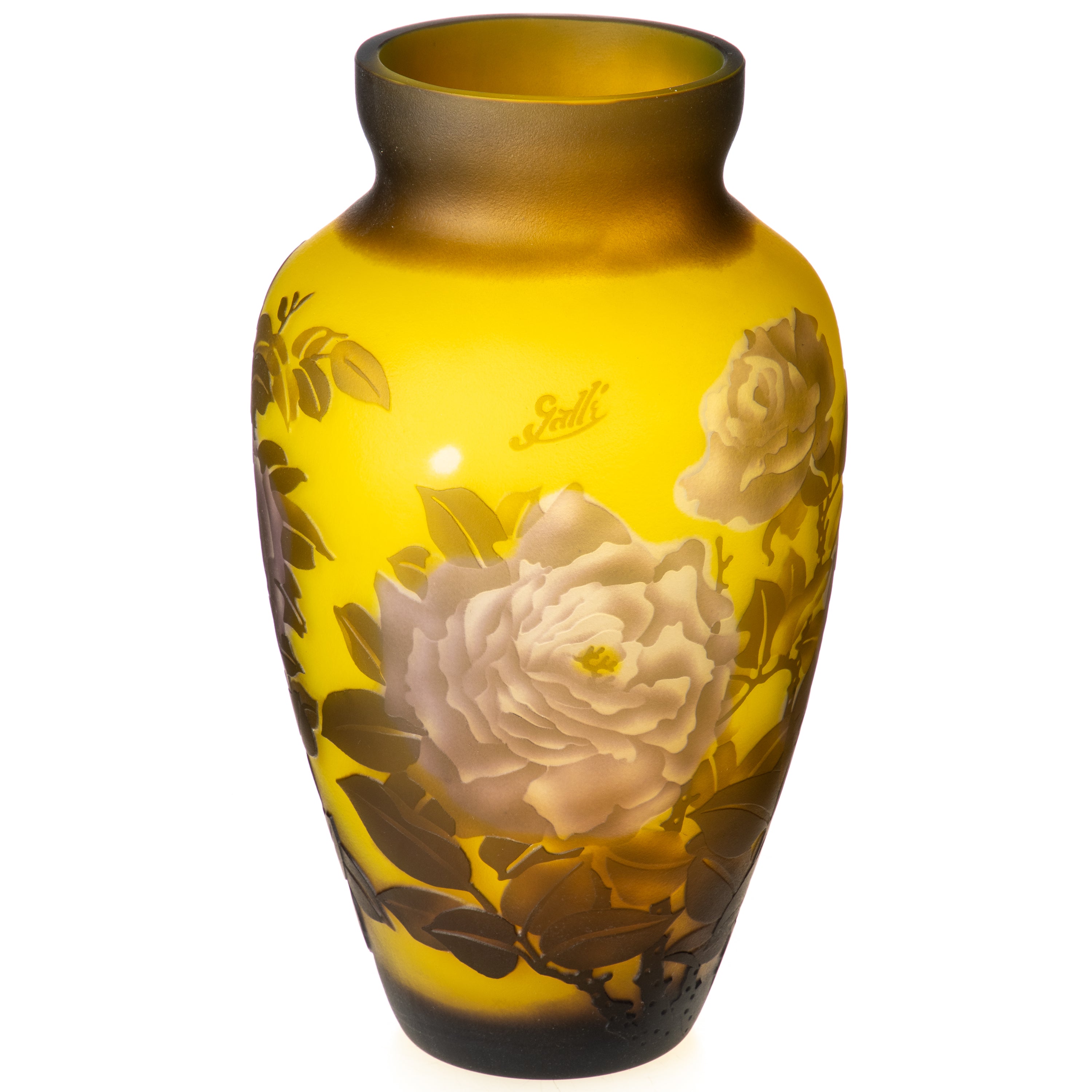Vase im Gallé Stil aus Cameo Glas - warme Goldtöne Rosenmotiv im Jugendstil