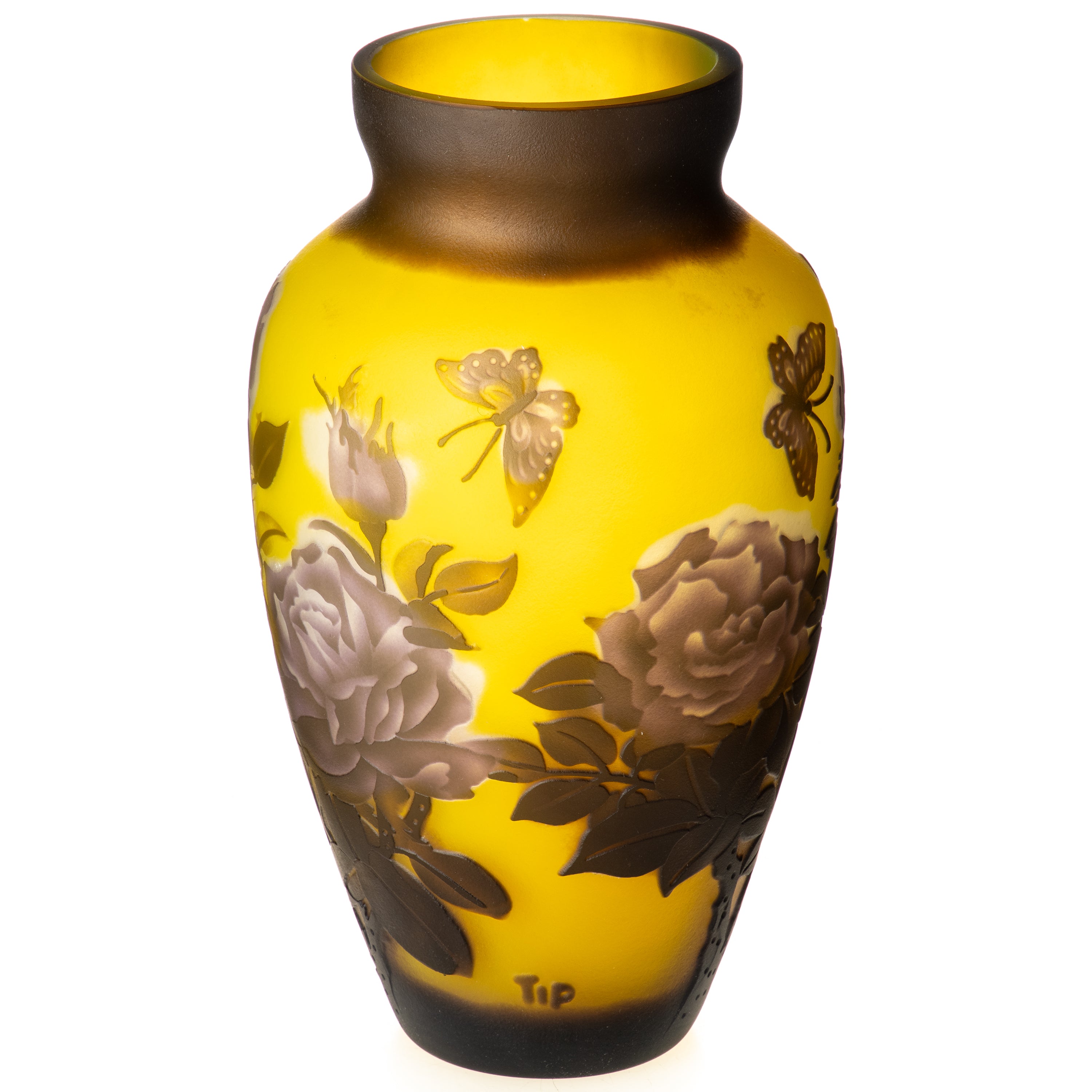 Vase im Gallé Stil aus Cameo Glas - warme Goldtöne Rosenmotiv im Jugendstil