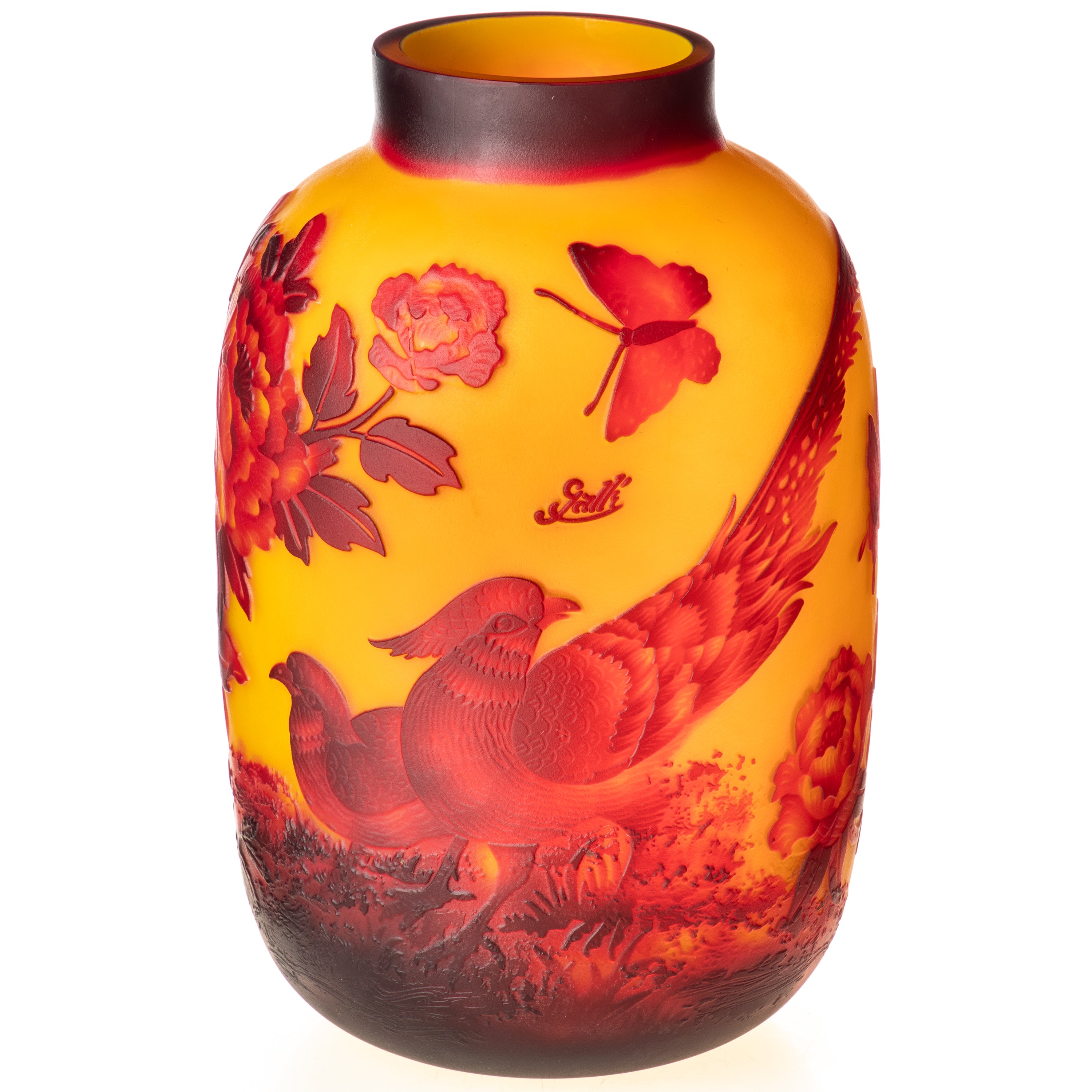 Vase im Gallé Stil aus Cameo Glas - Vogel & Schmetterlinge im Jugendstil