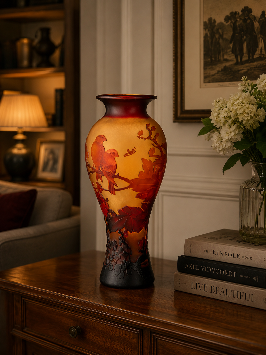 Vase im Gallé Stil aus Cameo Glas - Vogelmotive im Jugendstil