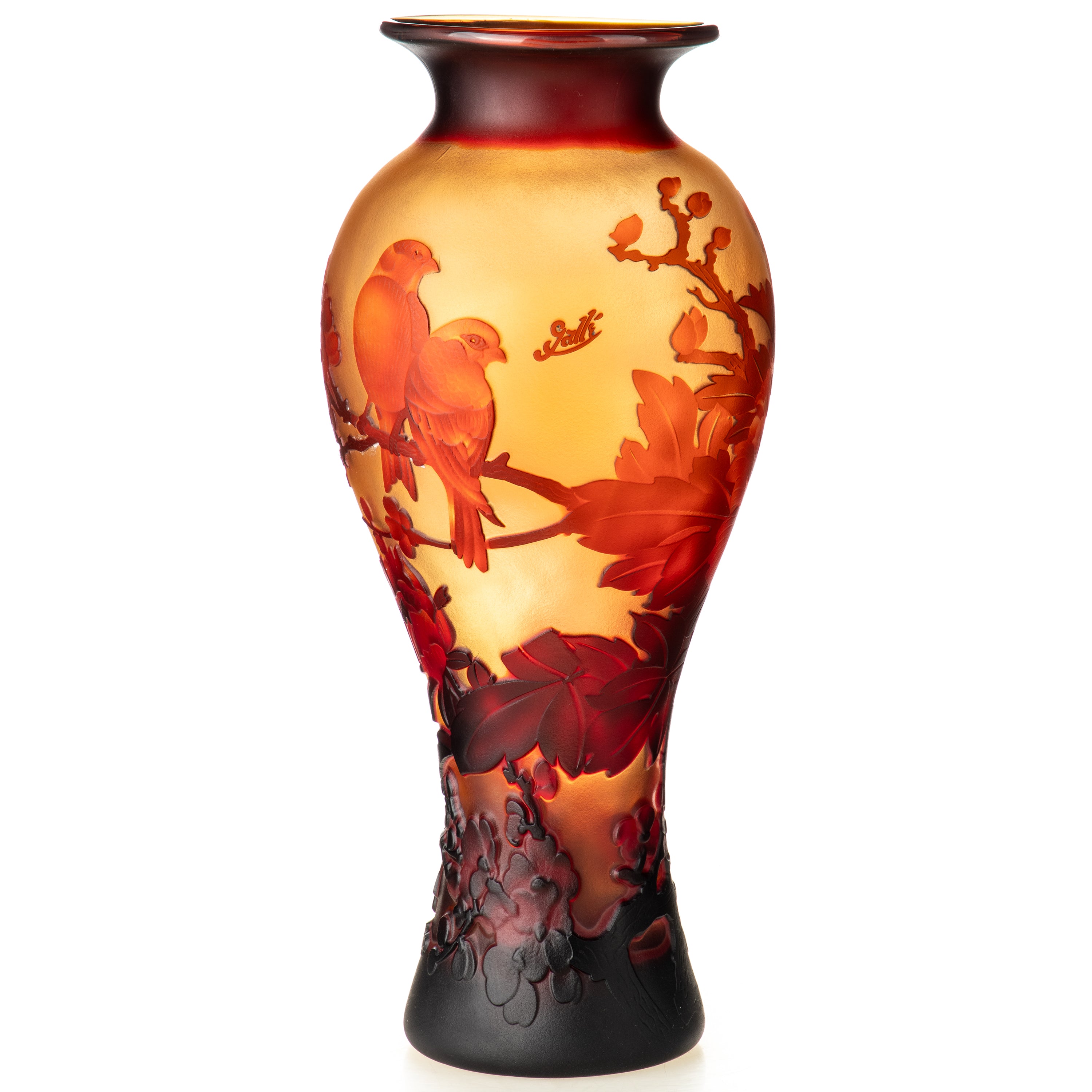 Vase im Gallé Stil aus Cameo Glas - Vogelmotive im Jugendstil