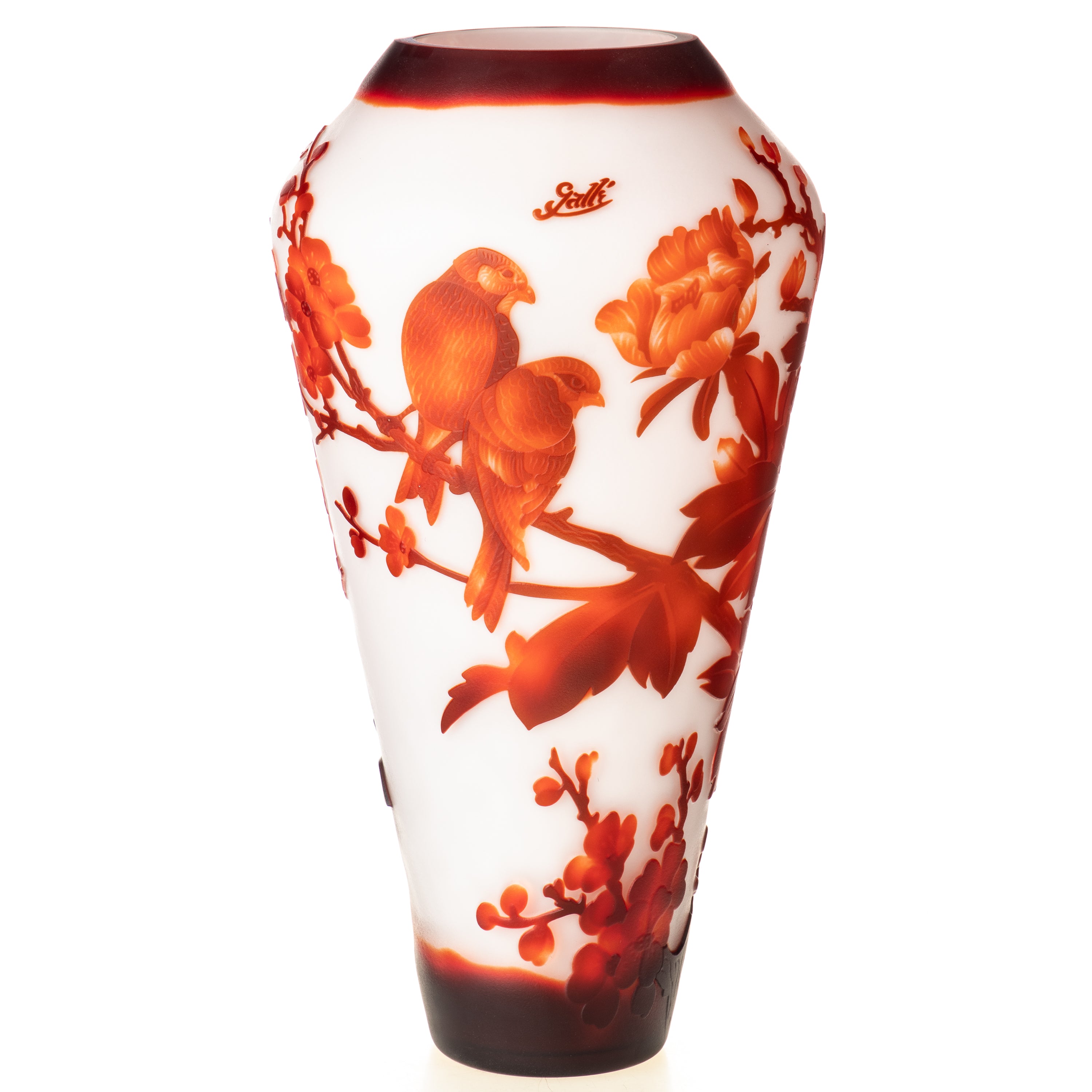 Vase im Gallé Stil aus Cameo Glas – mit Vogelmotiv im Jugendstil