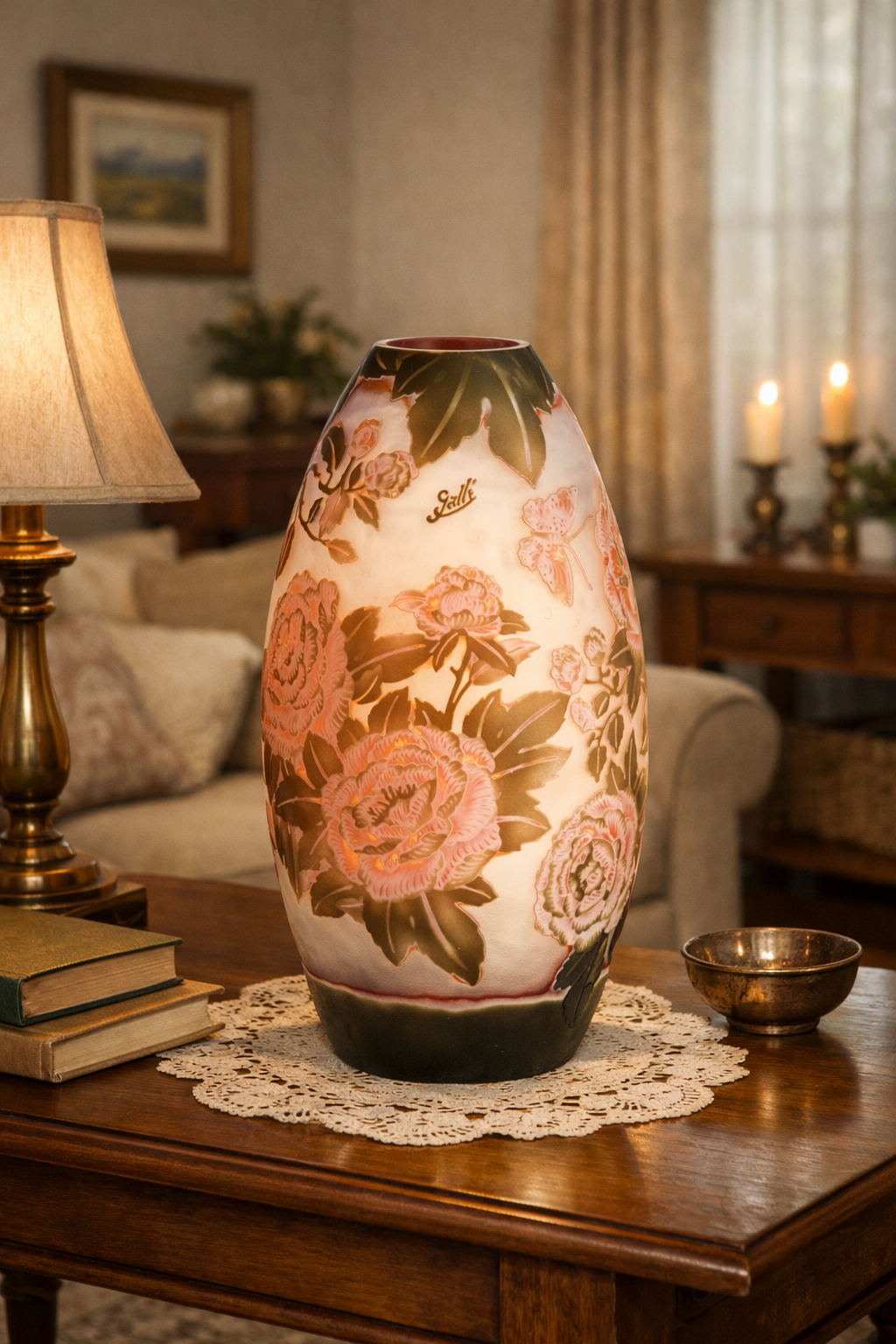Gallé Stil Vase Glas cameo – Rosen/Blüten Dekor – „Gallé“ graviert