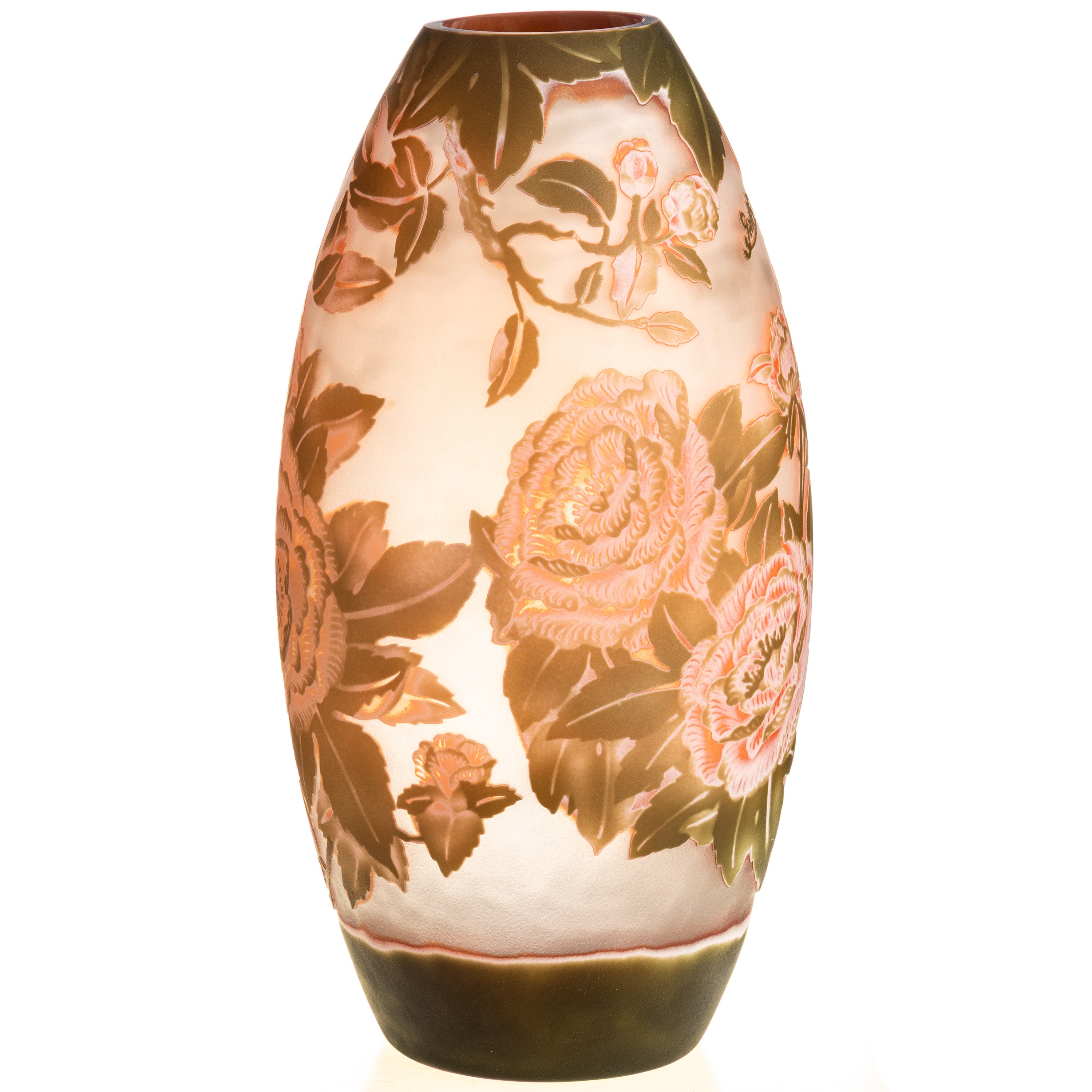 Gallé Stil Vase Glas cameo – Rosen/Blüten Dekor – „Gallé“ graviert