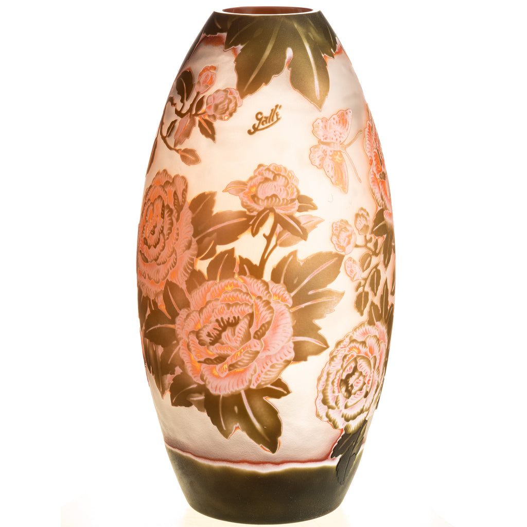 Gallé Stil Vase Glas cameo – Rosen/Blüten Dekor – „Gallé“ graviert