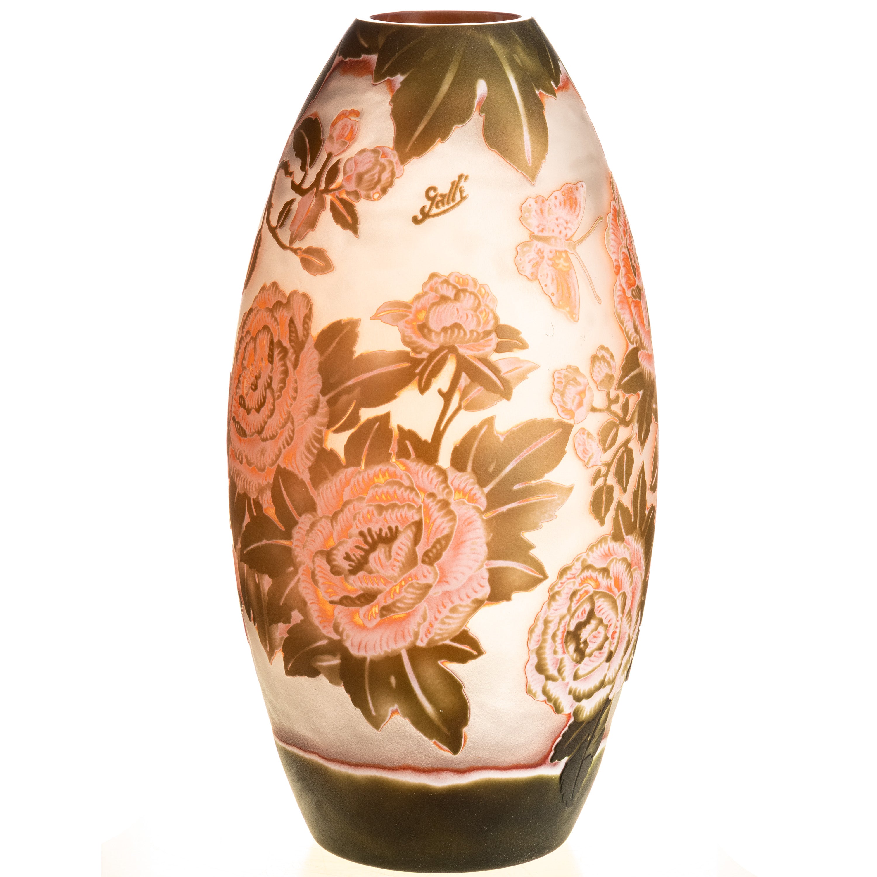 Gallé Stil Vase Glas cameo – Rosen/Blüten Dekor – „Gallé“ graviert