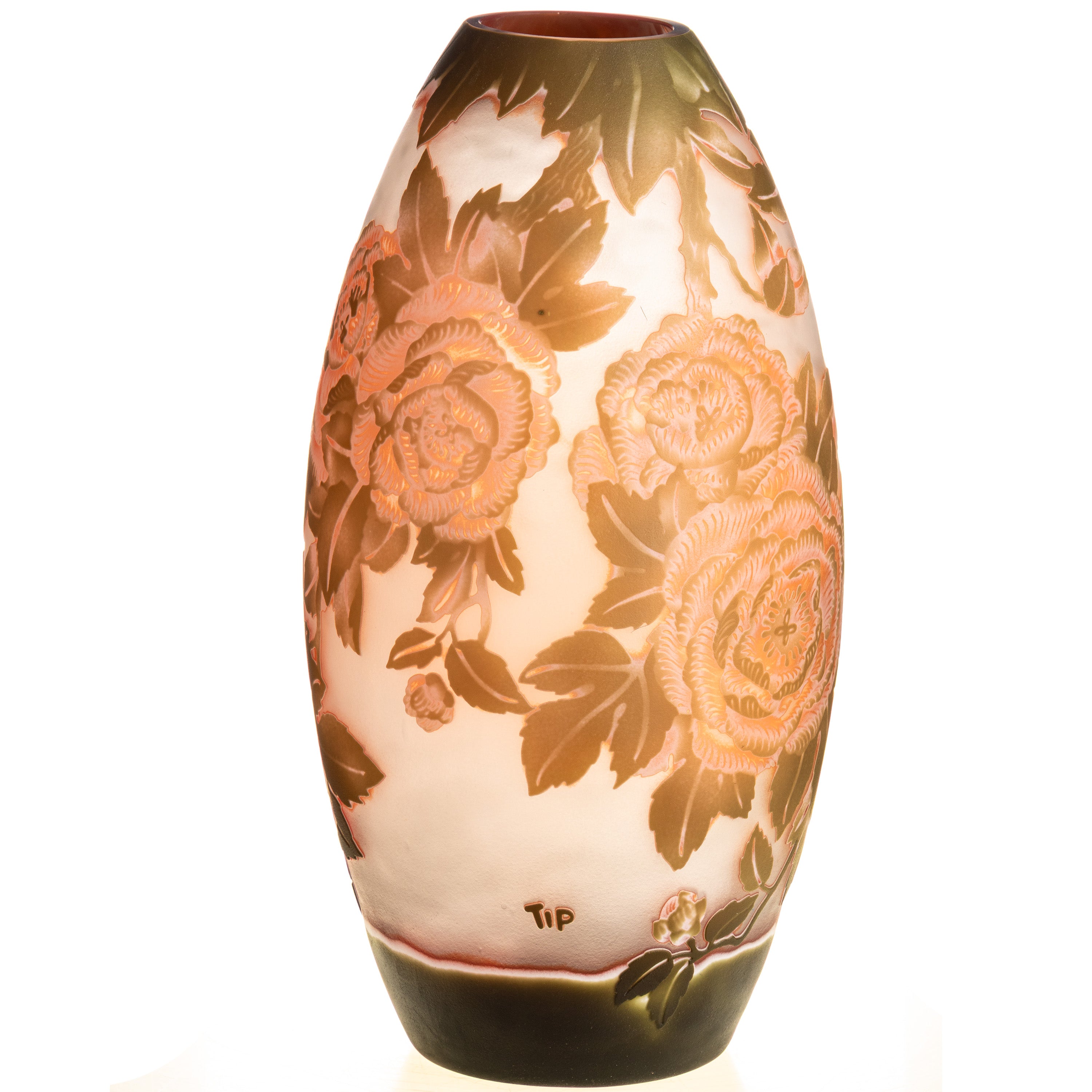Gallé Stil Vase Glas cameo – Rosen/Blüten Dekor – „Gallé“ graviert