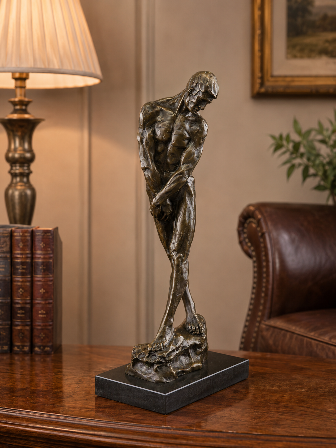 Bronze Skulptur männlicher Akt nach Rodin - signierte Figur auf Marmorsockel
