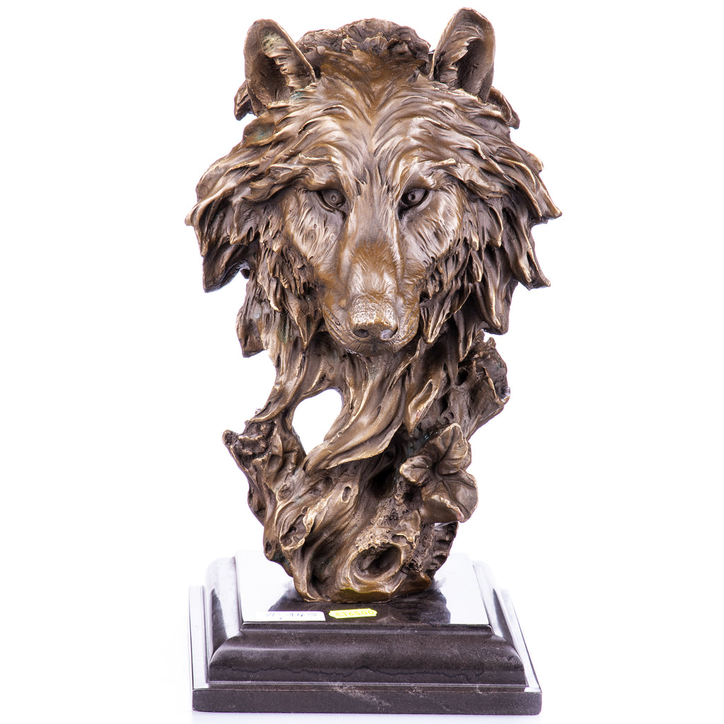 Bronze Skulptur Wolfskopf auf Marmorsockel – Tierfigur modern &amp; kraftvoll