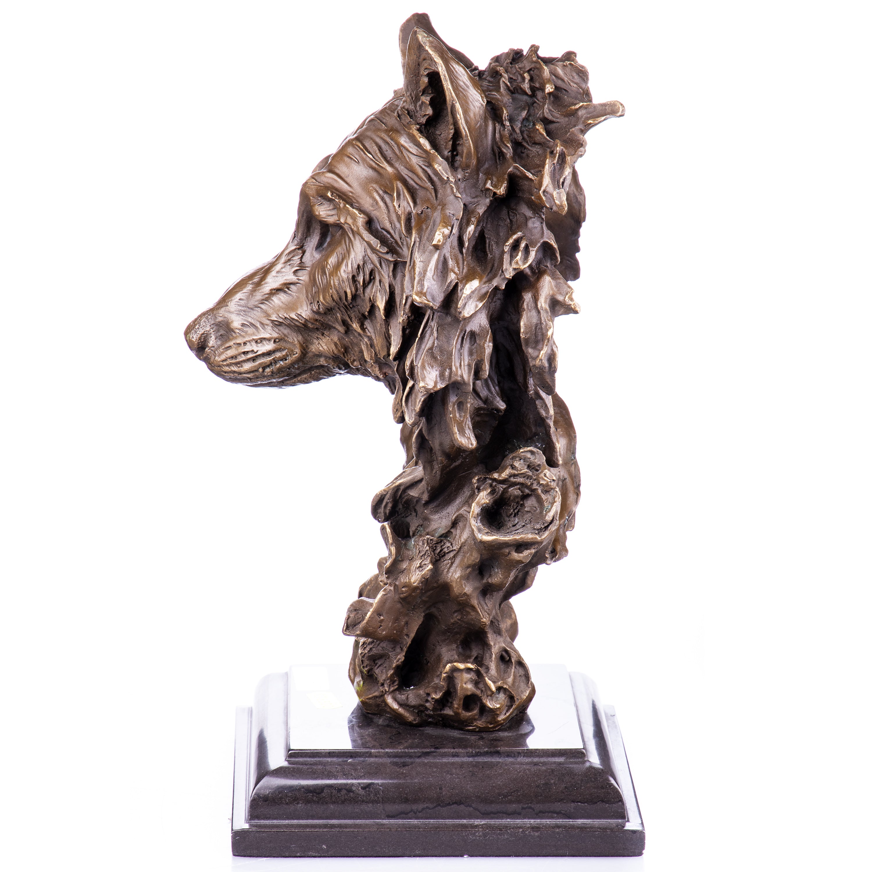 Bronze Skulptur Wolfskopf auf Marmorsockel – Tierfigur modern &amp; kraftvoll