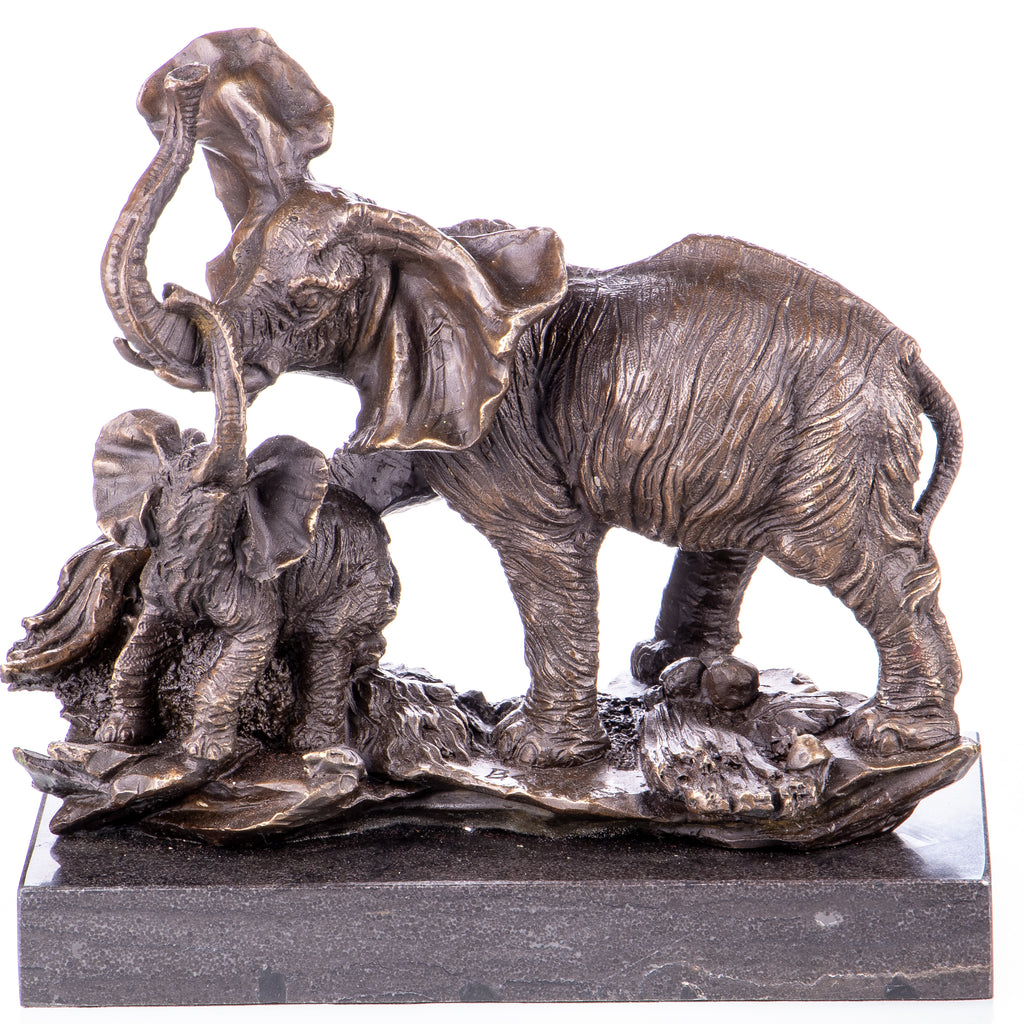 Bronze Skulptur Elefanten mit Jungtier – Tierfigur auf Marmorsockel