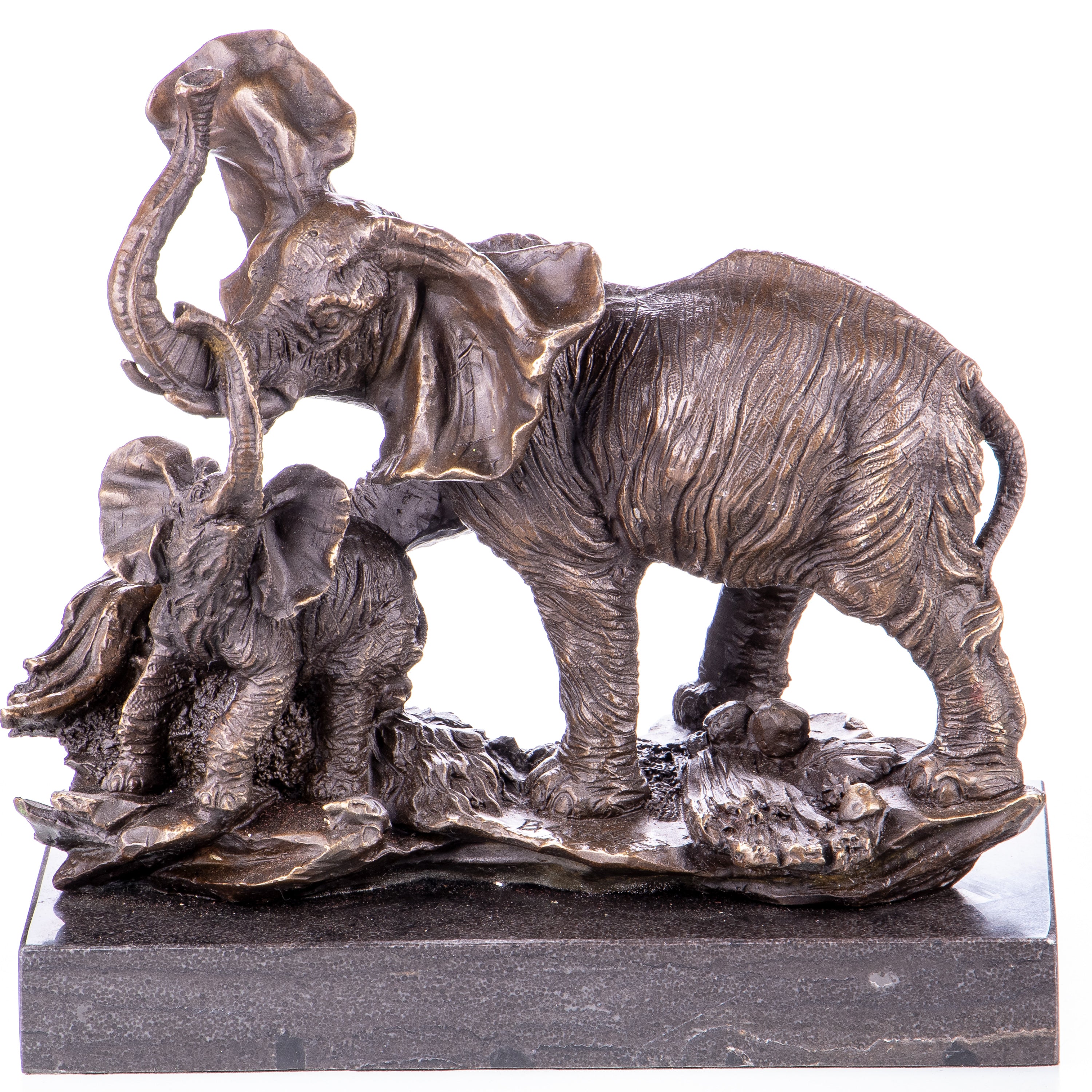 Bronze Skulptur Elefanten mit Jungtier – Tierfigur auf Marmorsockel