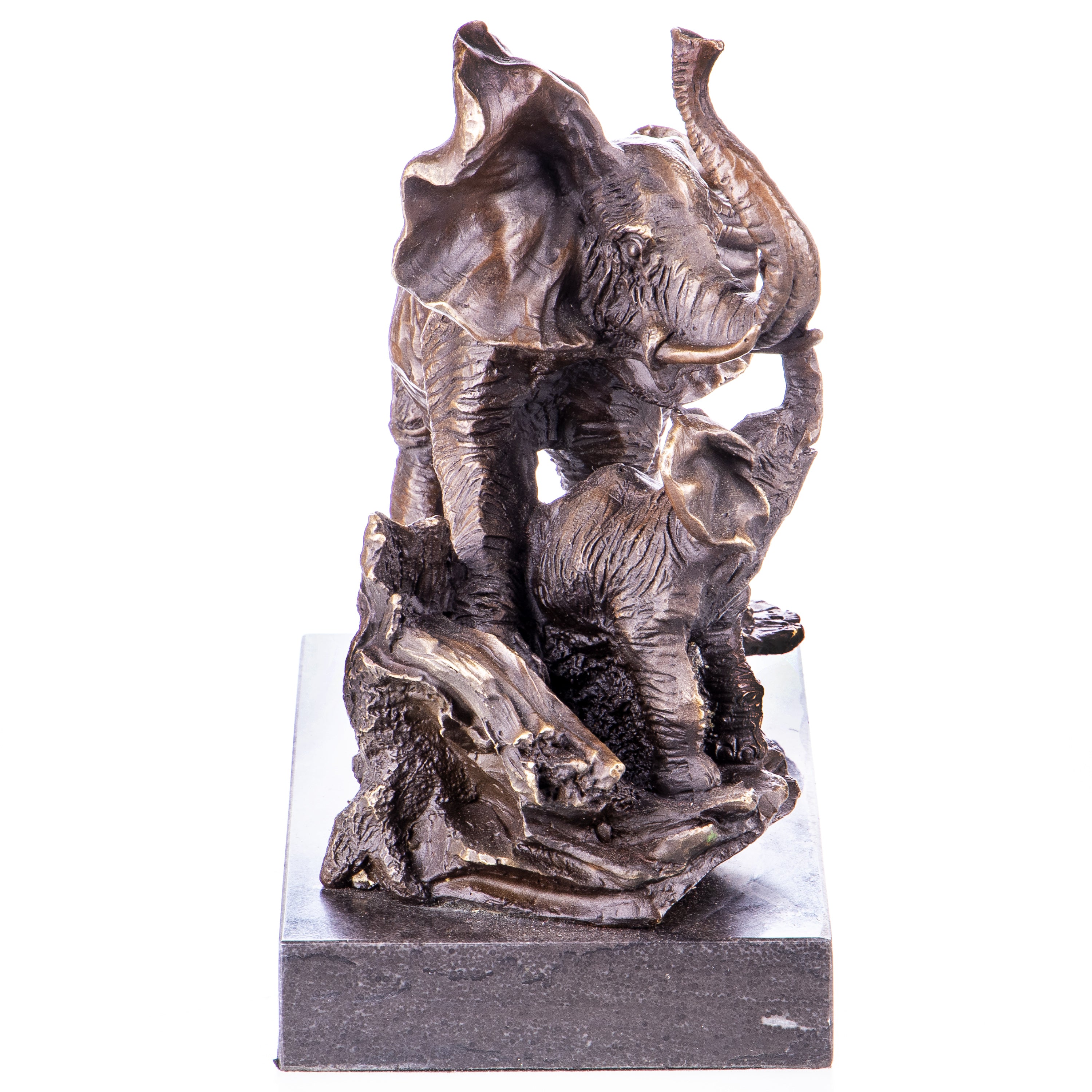 Bronze Skulptur Elefanten mit Jungtier – Tierfigur auf Marmorsockel