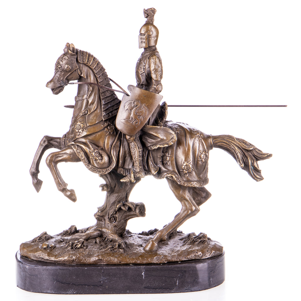 Bronze Skulptur Ritter zu Pferd - signierte Krieger Figur auf Marmorsockel