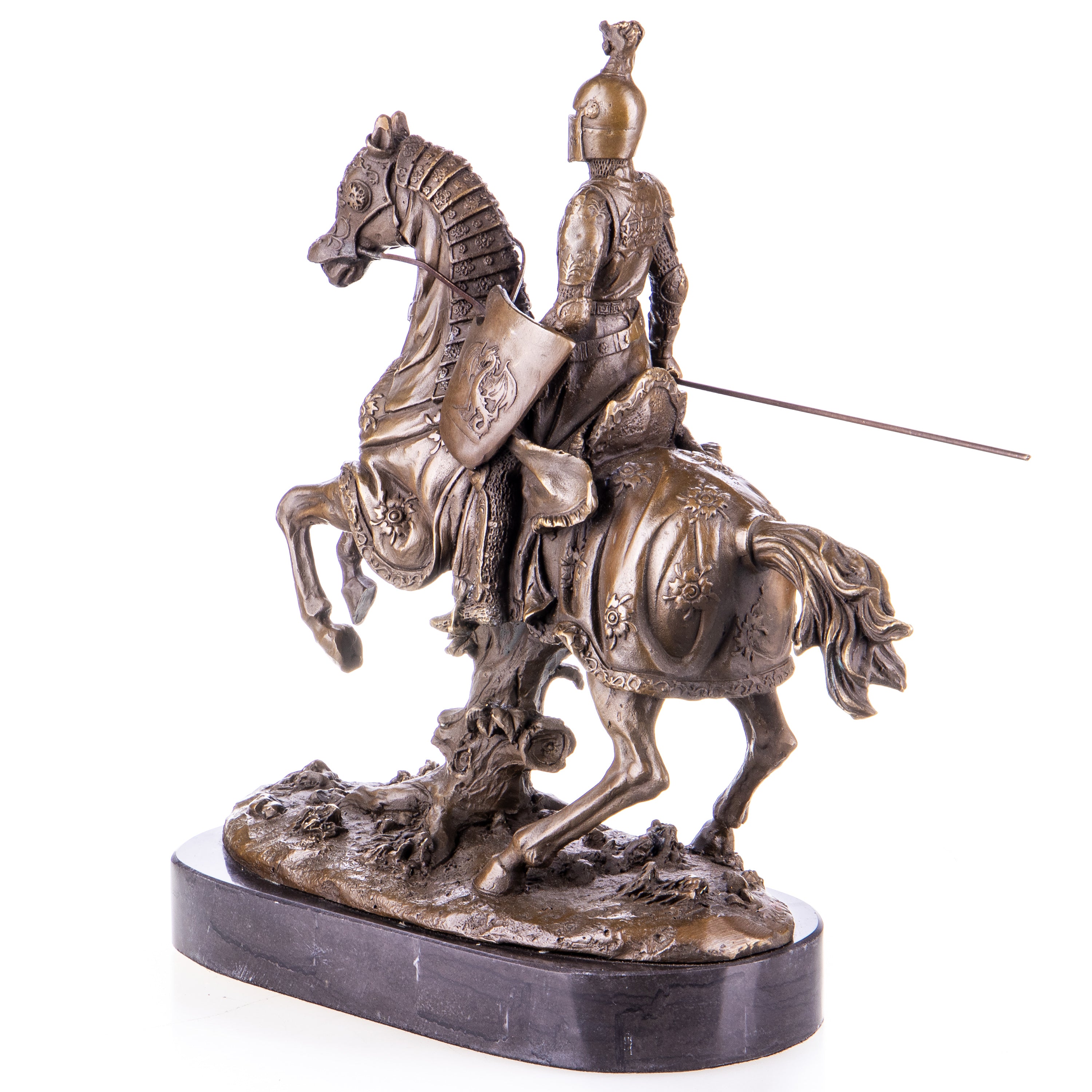 Bronze Skulptur Ritter zu Pferd - signierte Krieger Figur auf Marmorsockel