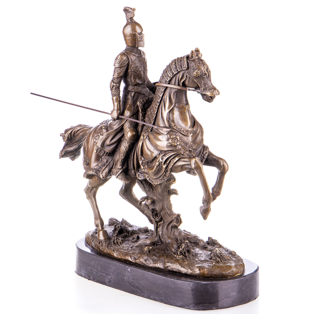 Bronze Skulptur Ritter zu Pferd - signierte Krieger Figur auf Marmorsockel