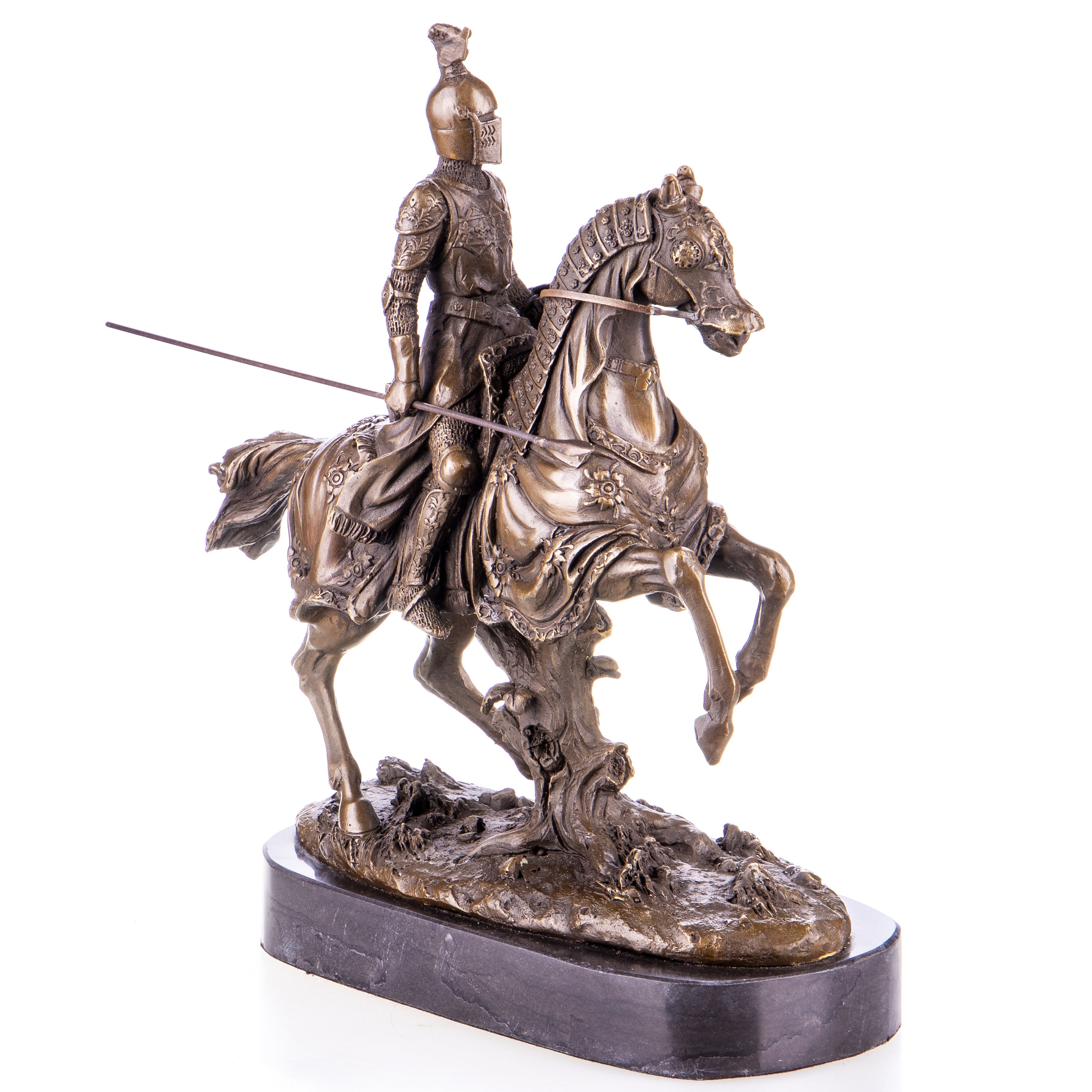 Bronze Skulptur Ritter zu Pferd - signierte Krieger Figur auf Marmorsockel
