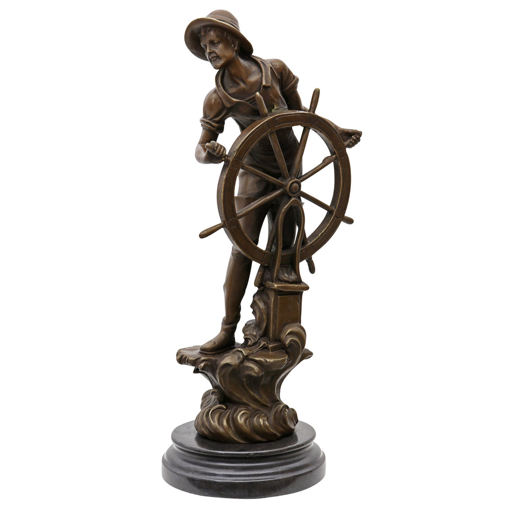 Bronze Skulptur Steuermann auf Marmorsockel – nautische Figur maritim