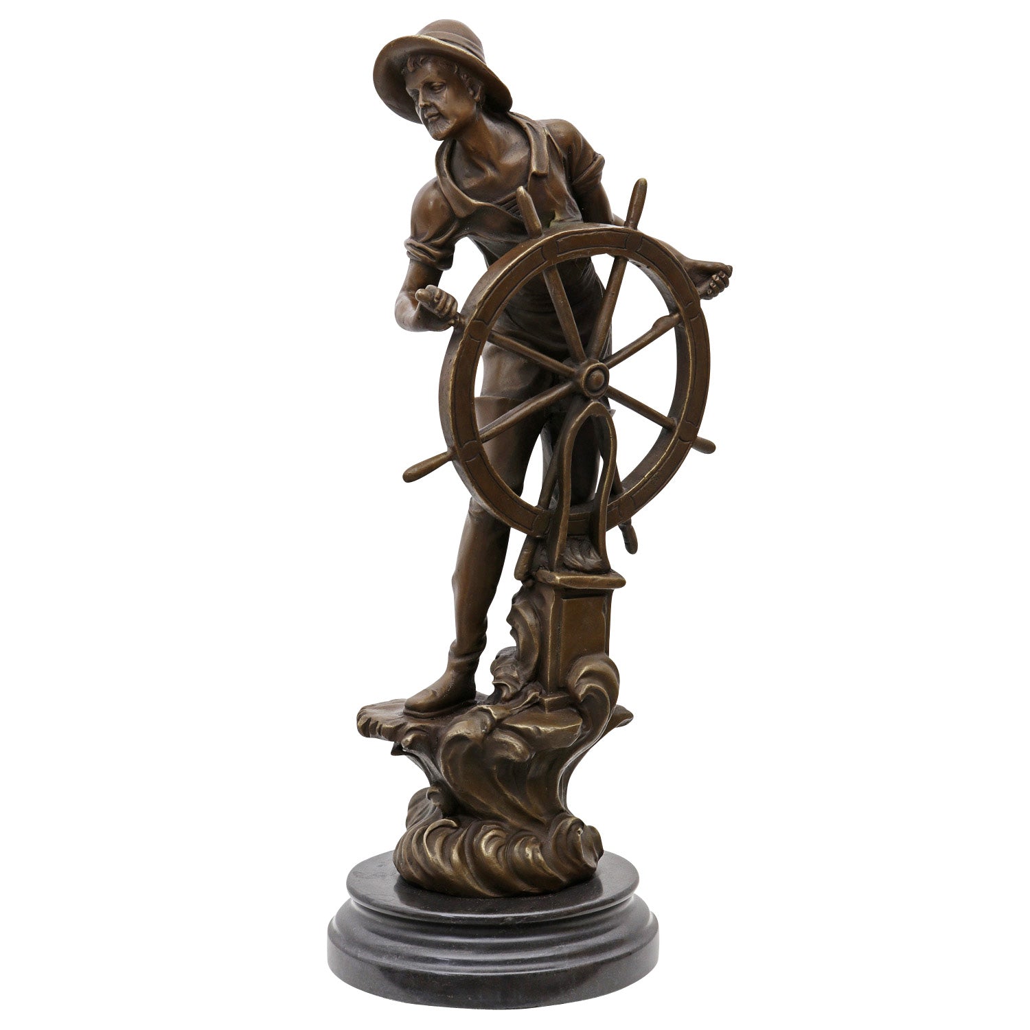 Bronze Skulptur Steuermann auf Marmorsockel – nautische Figur maritim
