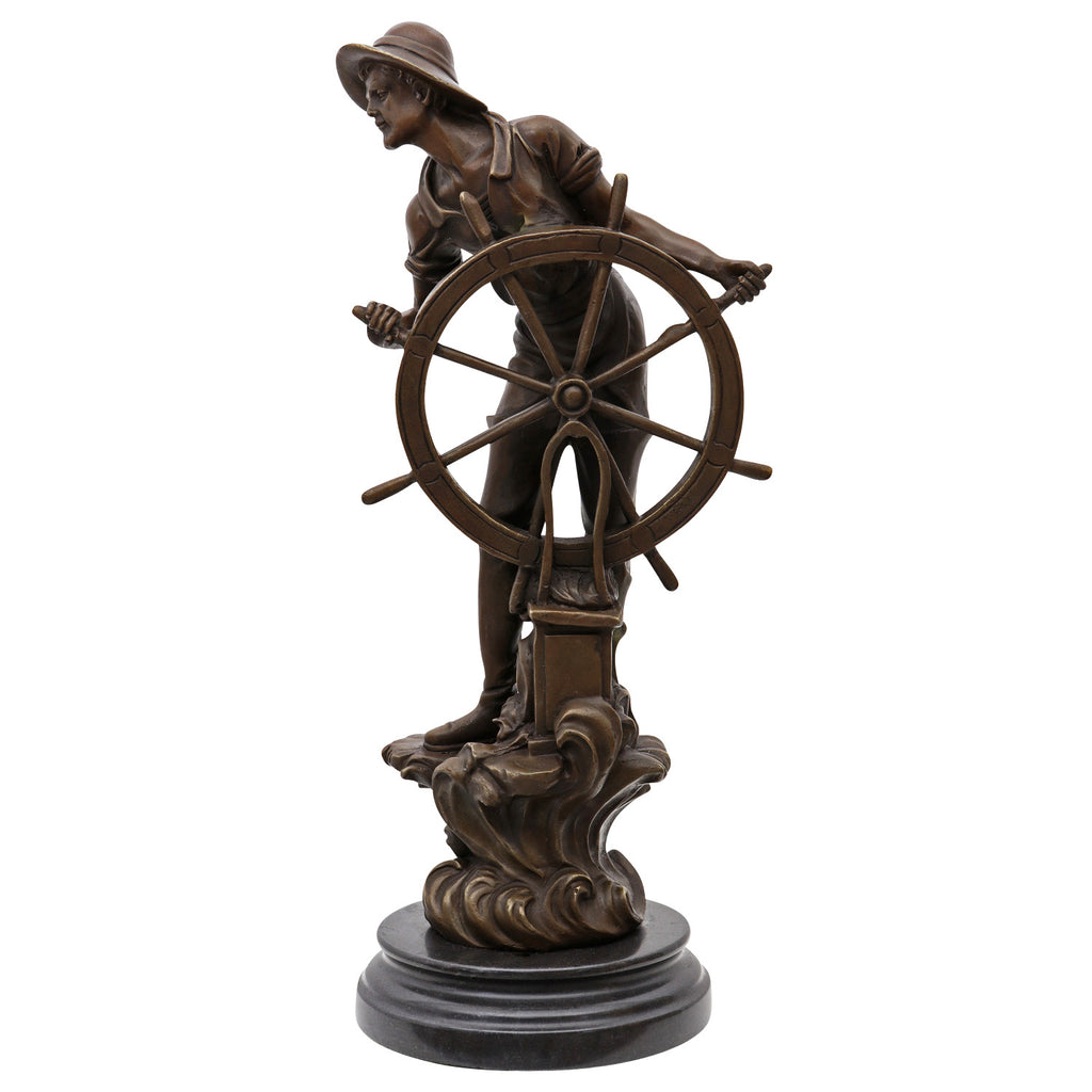 Bronze Skulptur Steuermann auf Marmorsockel – nautische Figur maritim