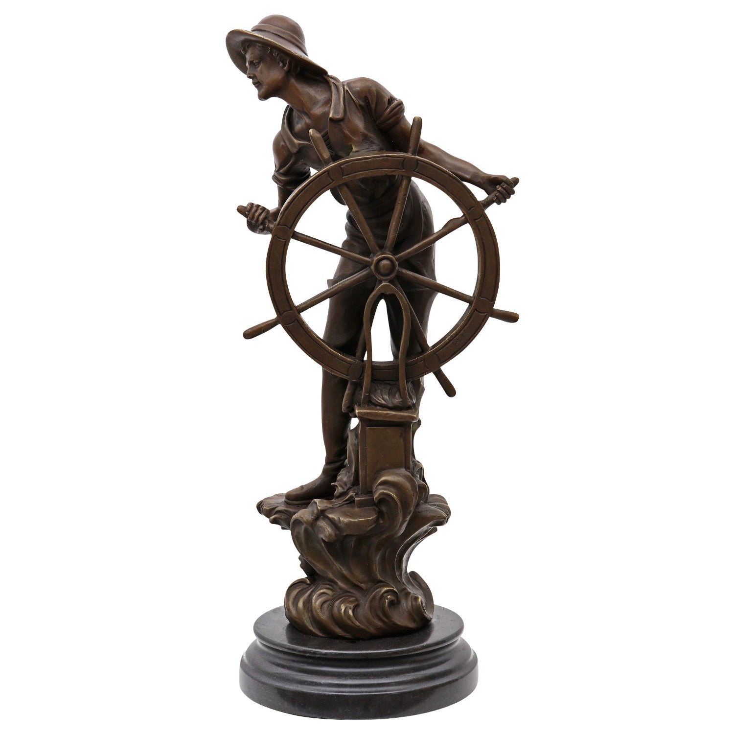 Bronze Skulptur Steuermann auf Marmorsockel – nautische Figur maritim