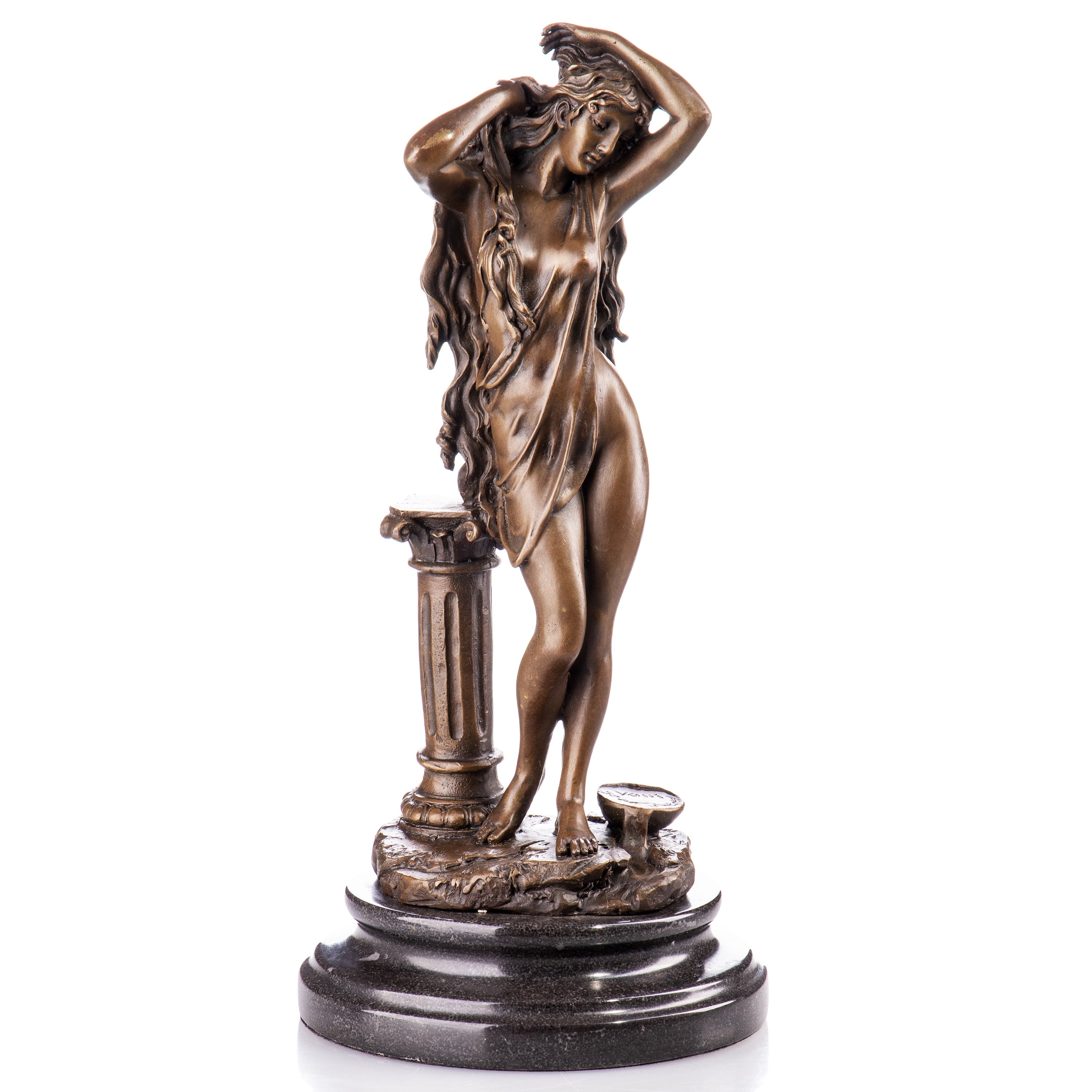 Bronze Skulptur badende Frau auf Marmorsockel - Akt Kunst
