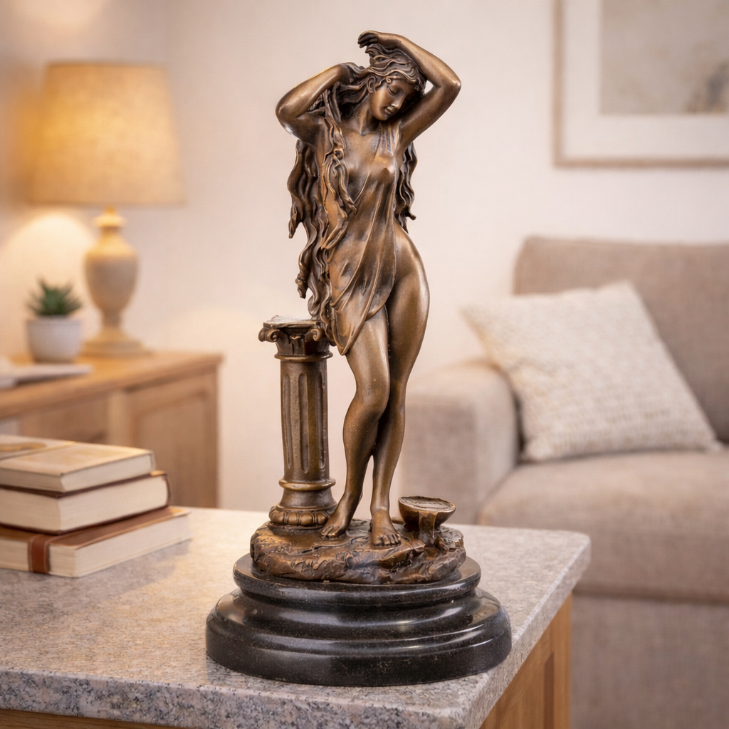 Bronze Skulptur badende Frau auf Marmorsockel - Akt Kunst