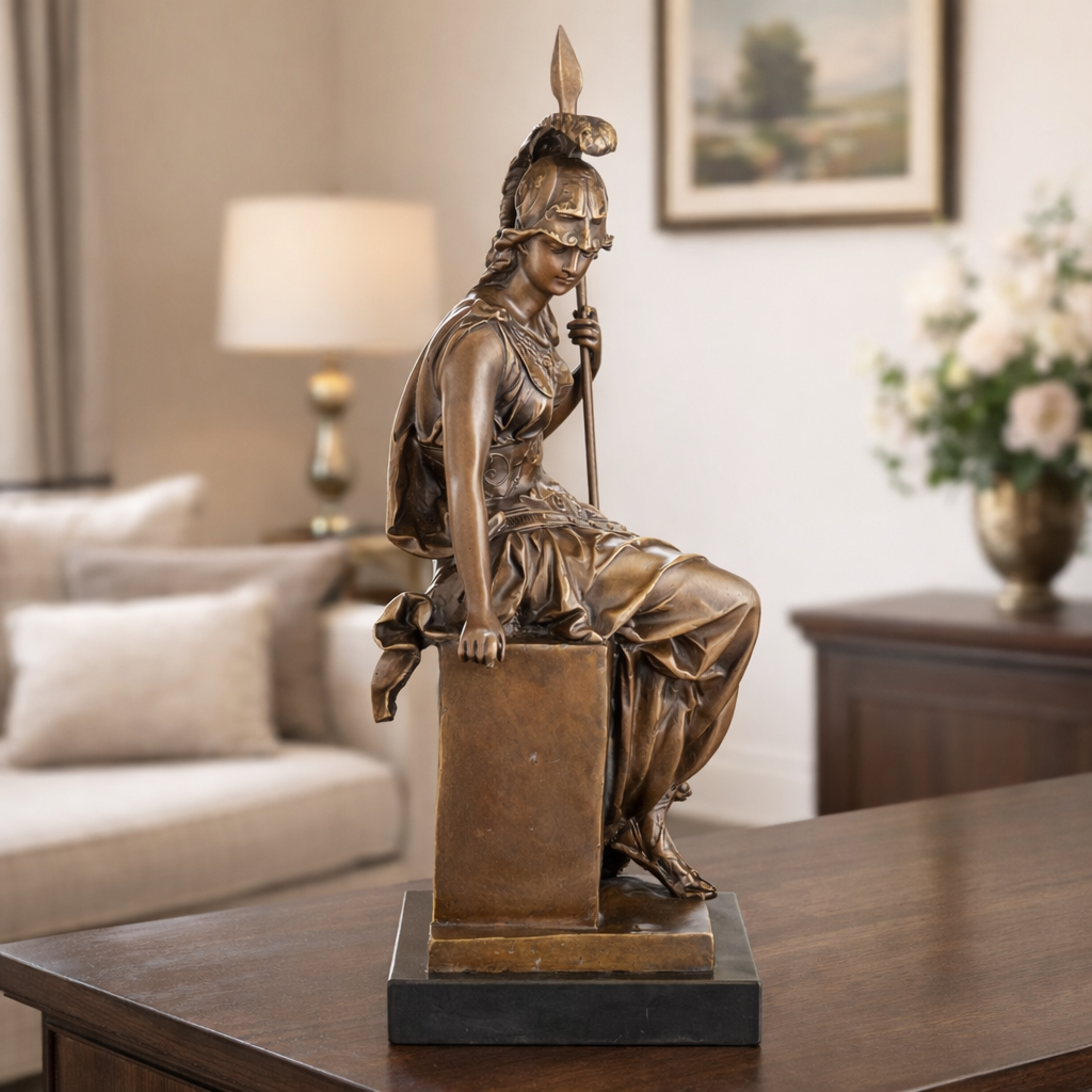 Bronze Skulptur Kriegsgöttin Athena - Mythologie Figur auf Marmorsockel