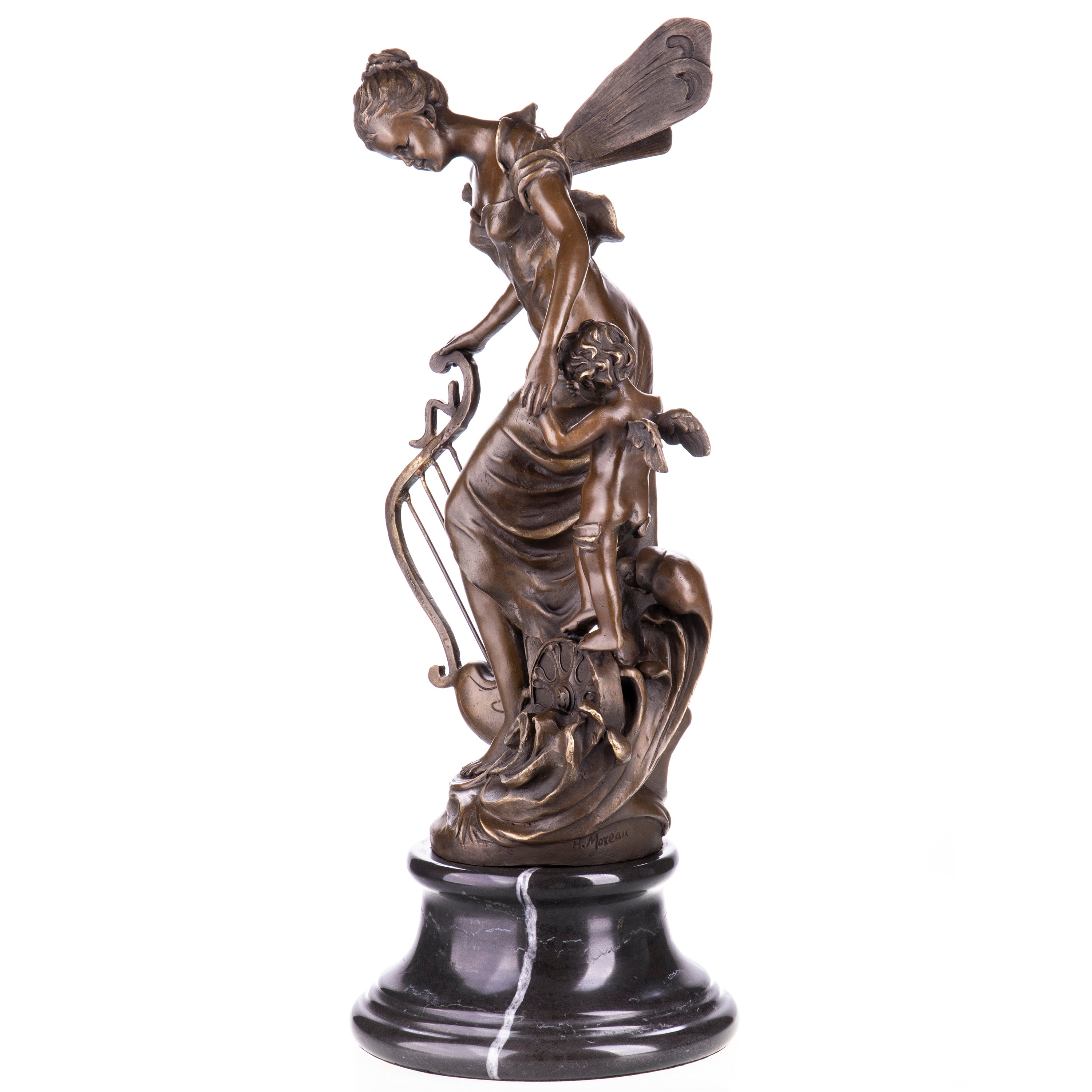 Bronze Skulptur Fee mit Amor nach H. Moreau – Klassische Figur auf Marmorsockel