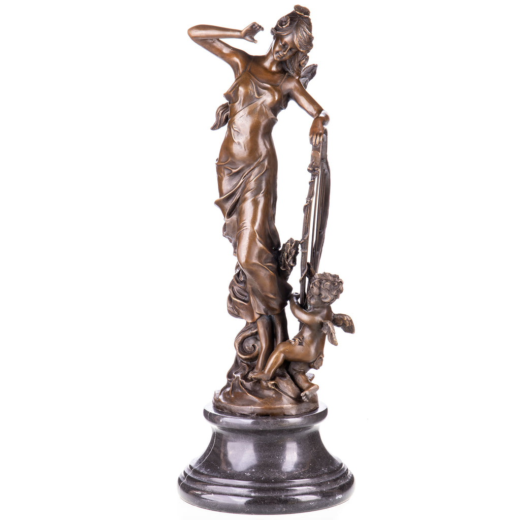 Bronze Skulptur Fee mit Amor nach H. Moreau – Klassische Figur auf Marmorsockel