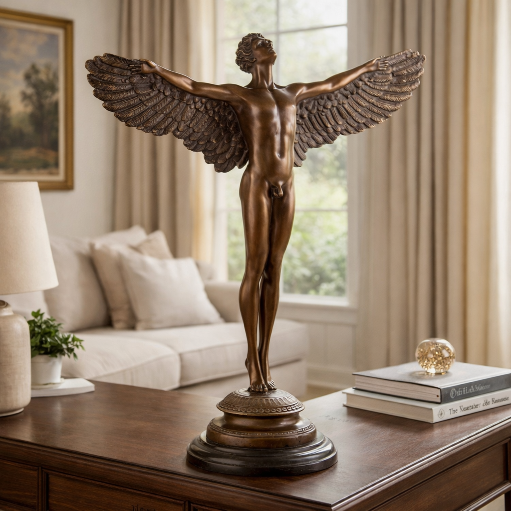 Bronze Skulptur geflügelter Ikarus - signierte Mythologie Statue auf Marmorsockel