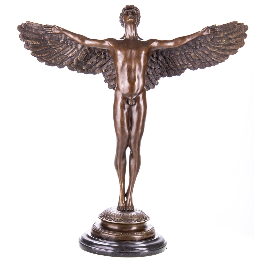 Bronze Skulptur geflügelter Ikarus - signierte Mythologie Statue auf Marmorsockel