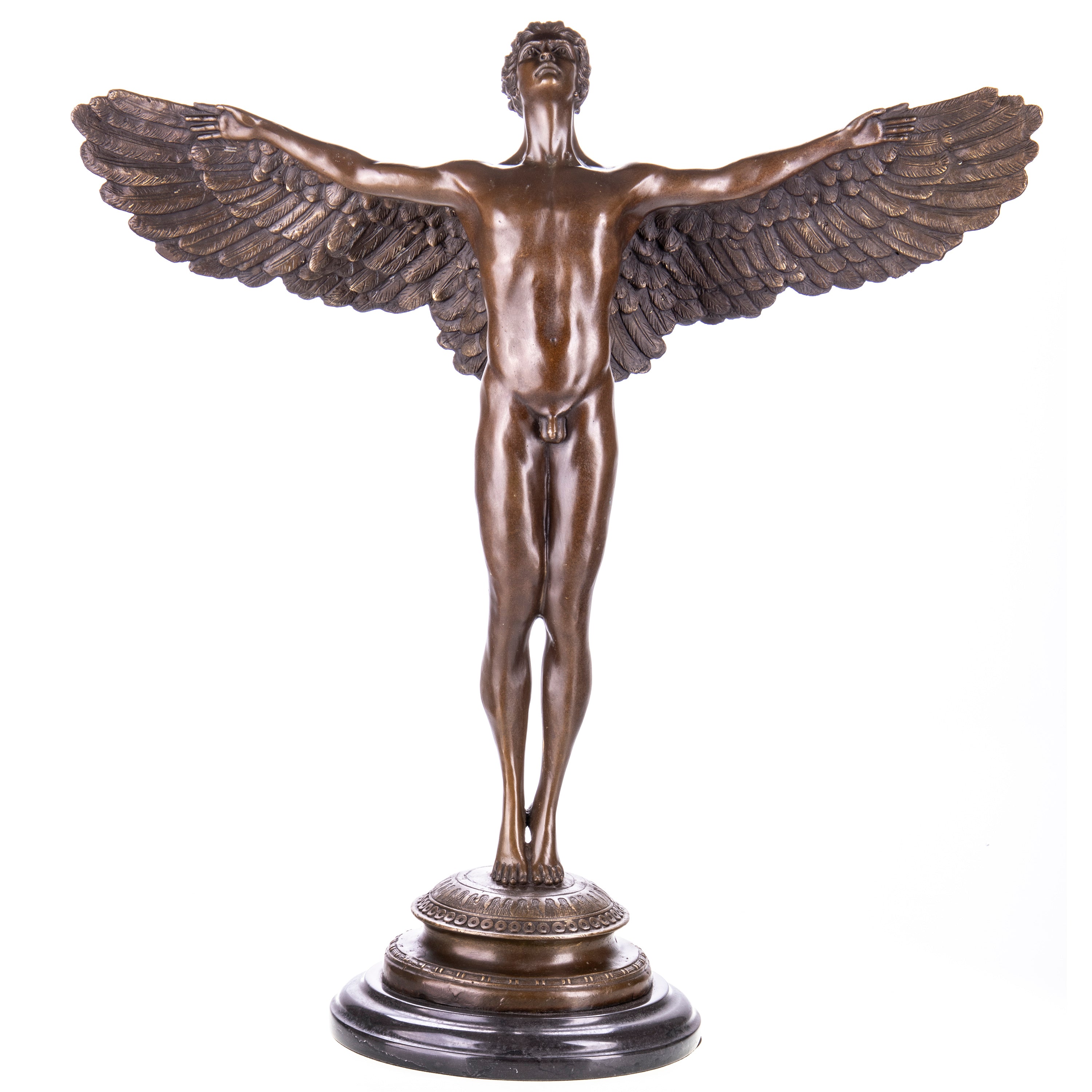 Bronze Skulptur geflügelter Ikarus - signierte Mythologie Statue auf Marmorsockel