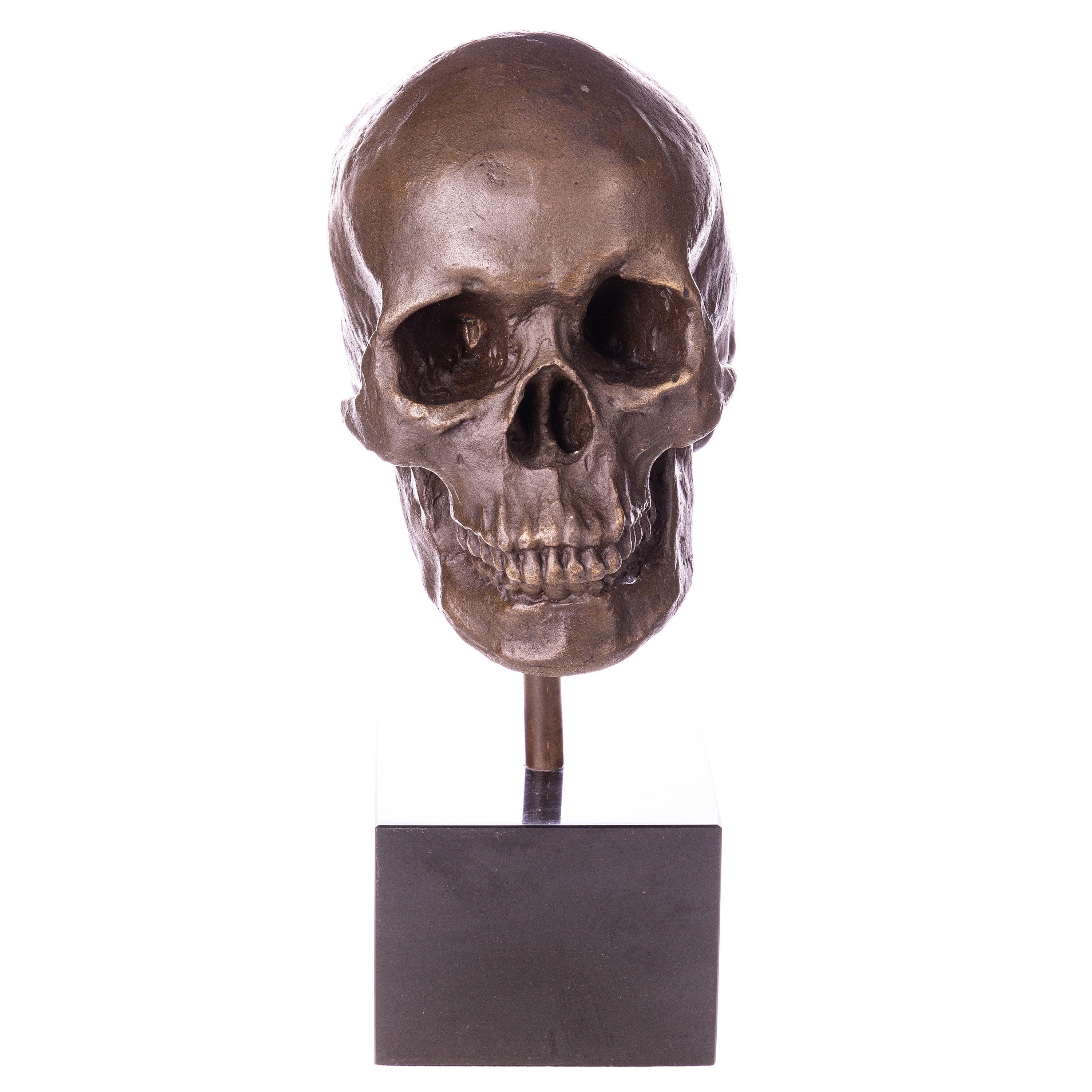 Bronzeskulptur Totenkopf auf Marmorsockel – Vanitas Skull signiert