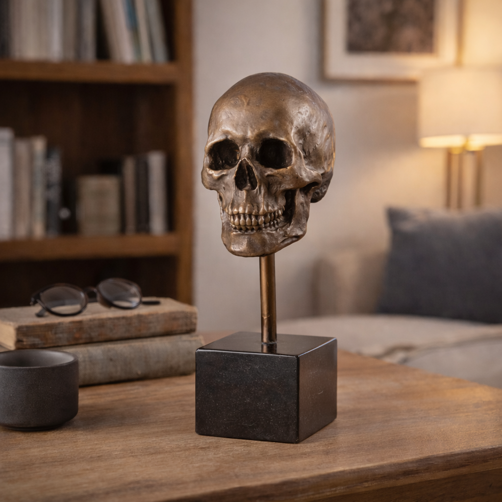 Bronzeskulptur Totenkopf auf Marmorsockel – Vanitas Skull signiert