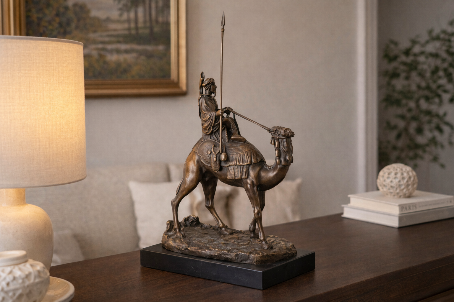 Bronze Skulptur Beduine mit Speed auf Dromedar - signierte Figur auf Marmorsockel