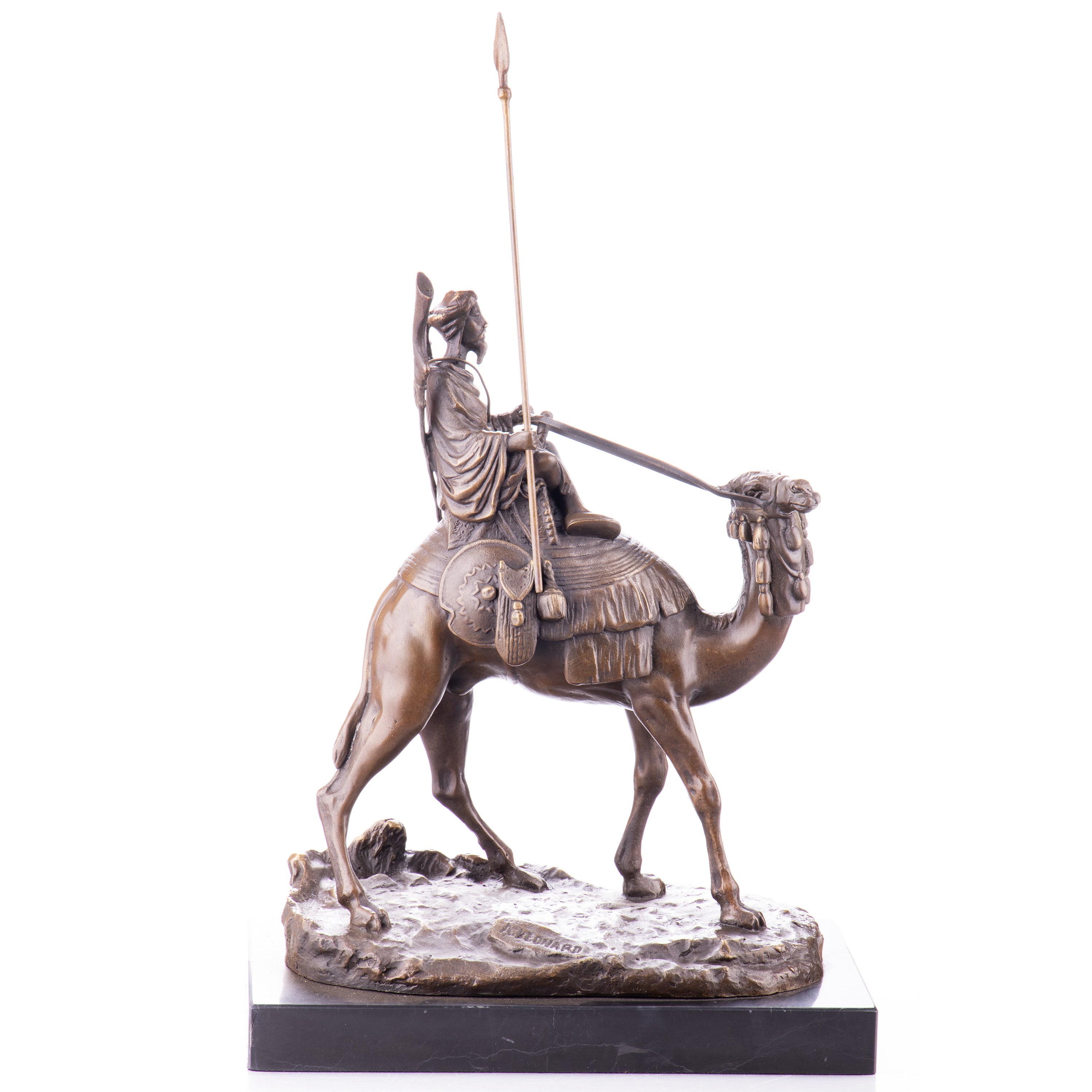 Bronze Skulptur Beduine mit Speed auf Dromedar - signierte Figur auf Marmorsockel