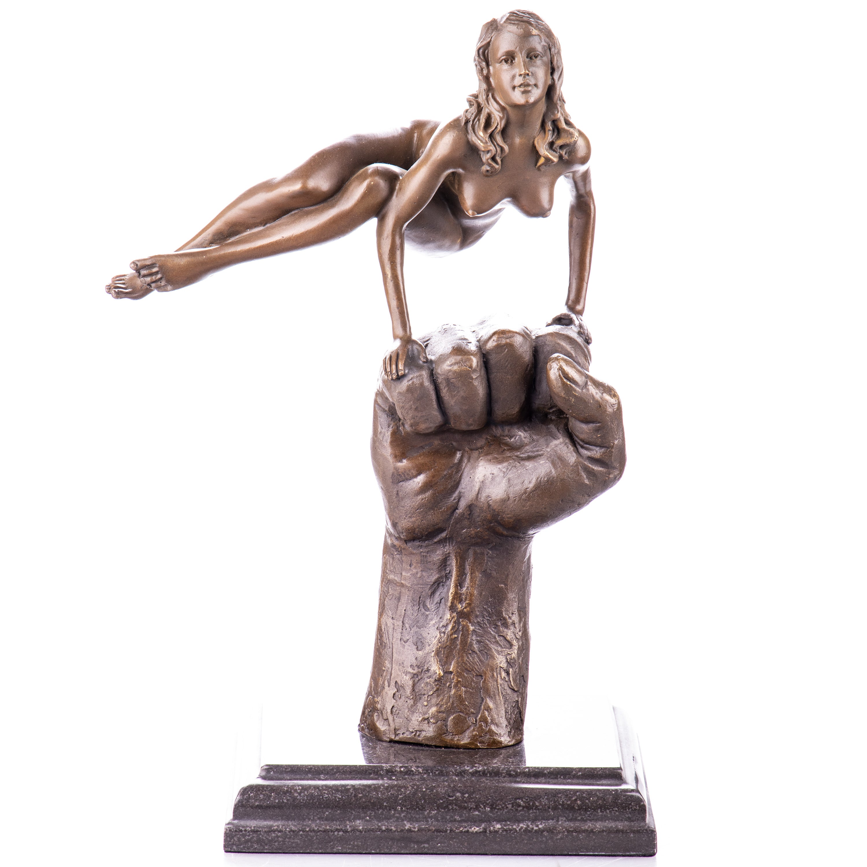 Bronze Skulptur Frau auf Hand - moderne Aktkunst auf Marmorsockel