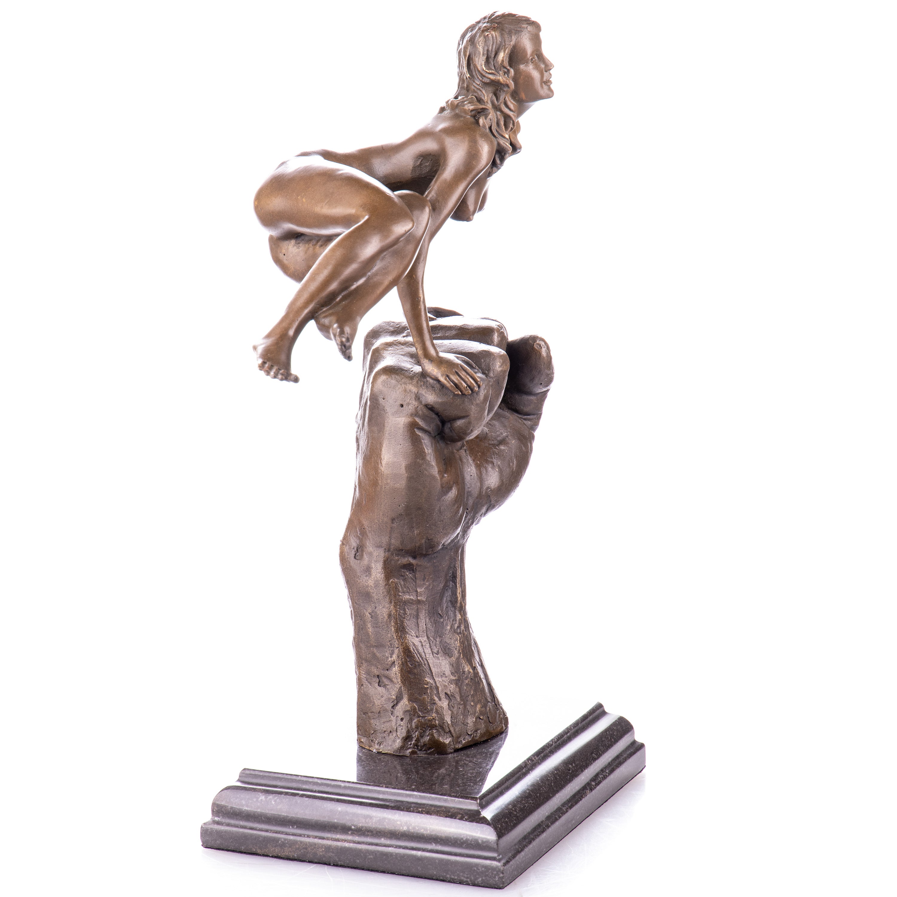 Bronze Skulptur Frau auf Hand - moderne Aktkunst auf Marmorsockel