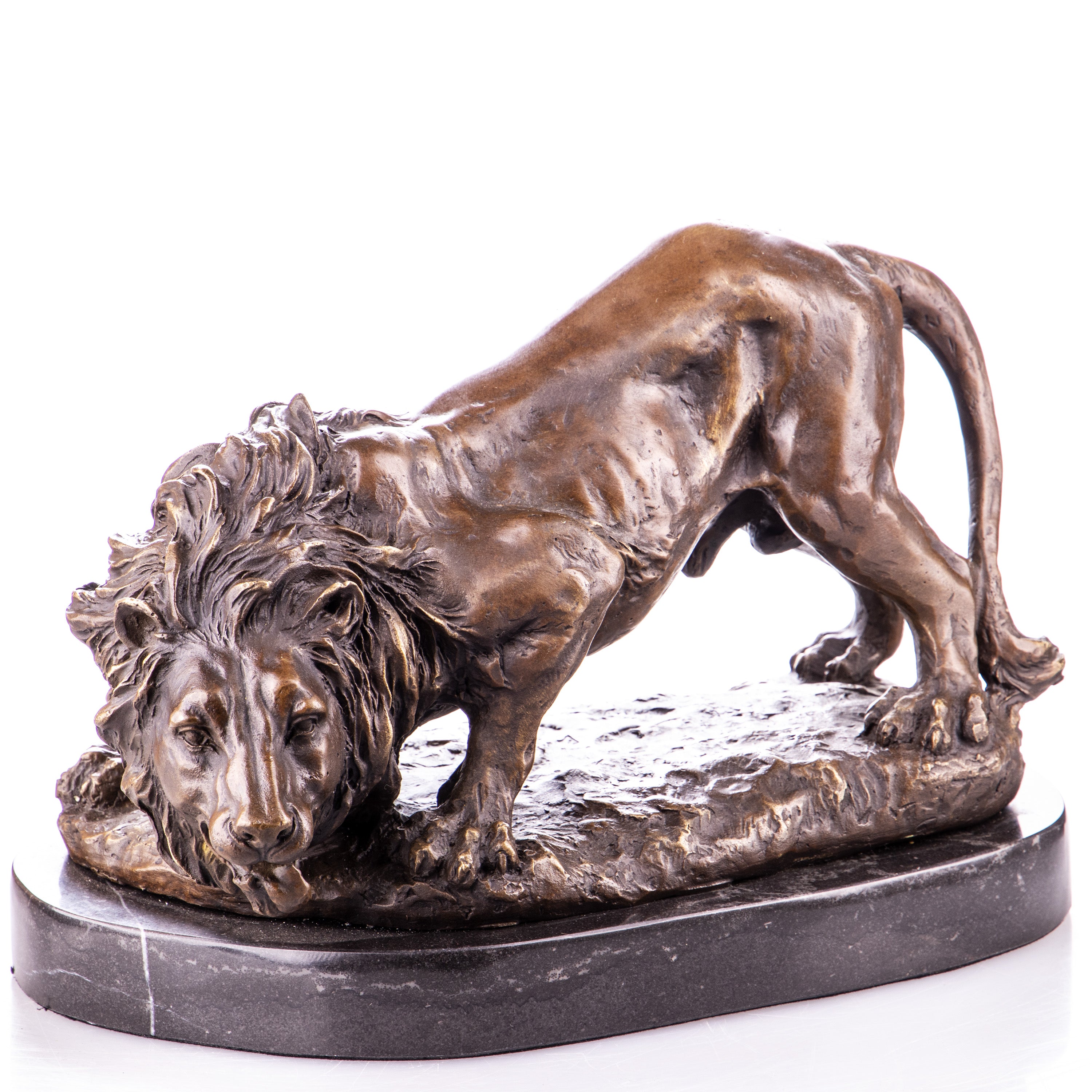 Bronze Skulptur Löwe nach Louis Barye - signierte Tierfigur auf Marmorsockel