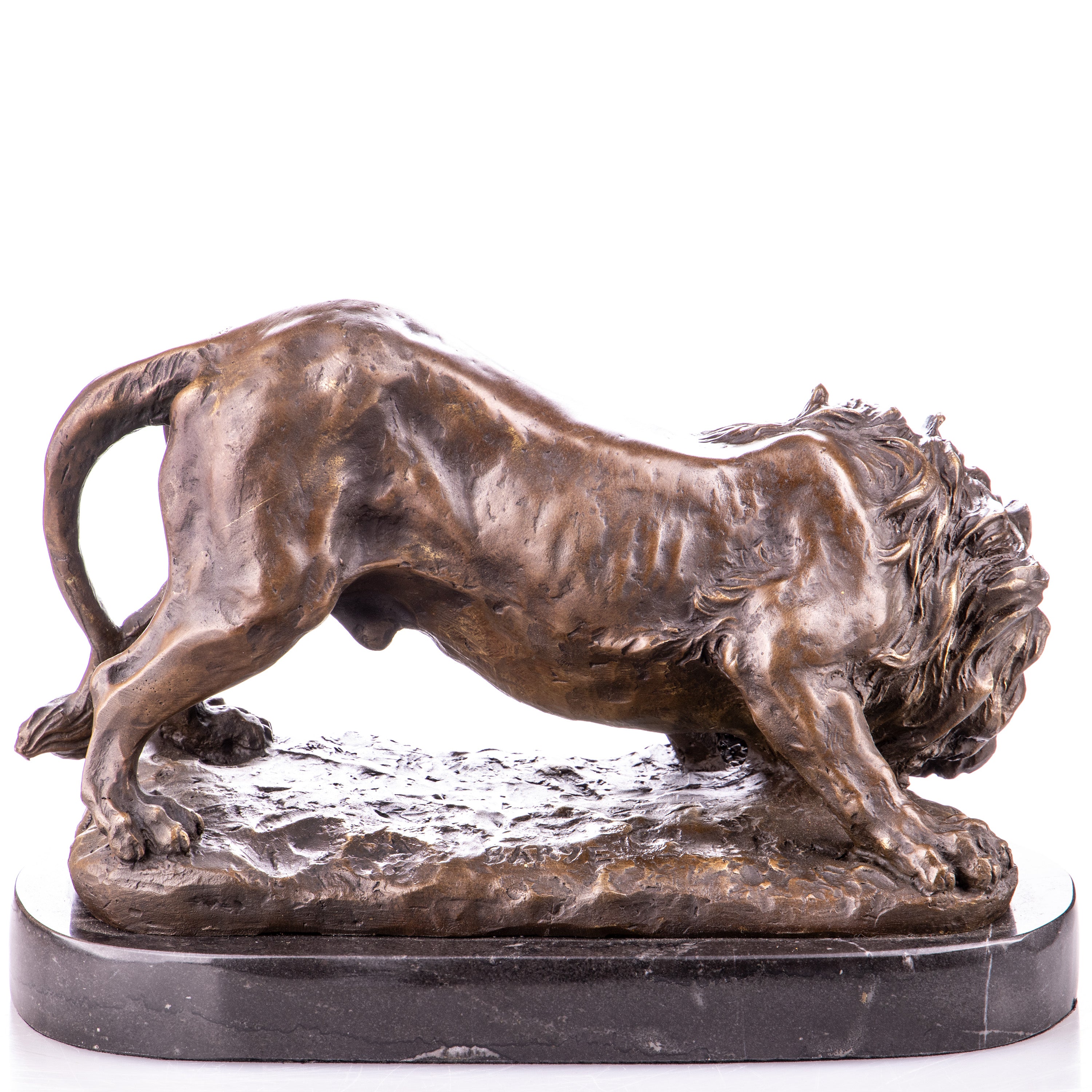 Bronze Skulptur Löwe nach Louis Barye - signierte Tierfigur auf Marmorsockel