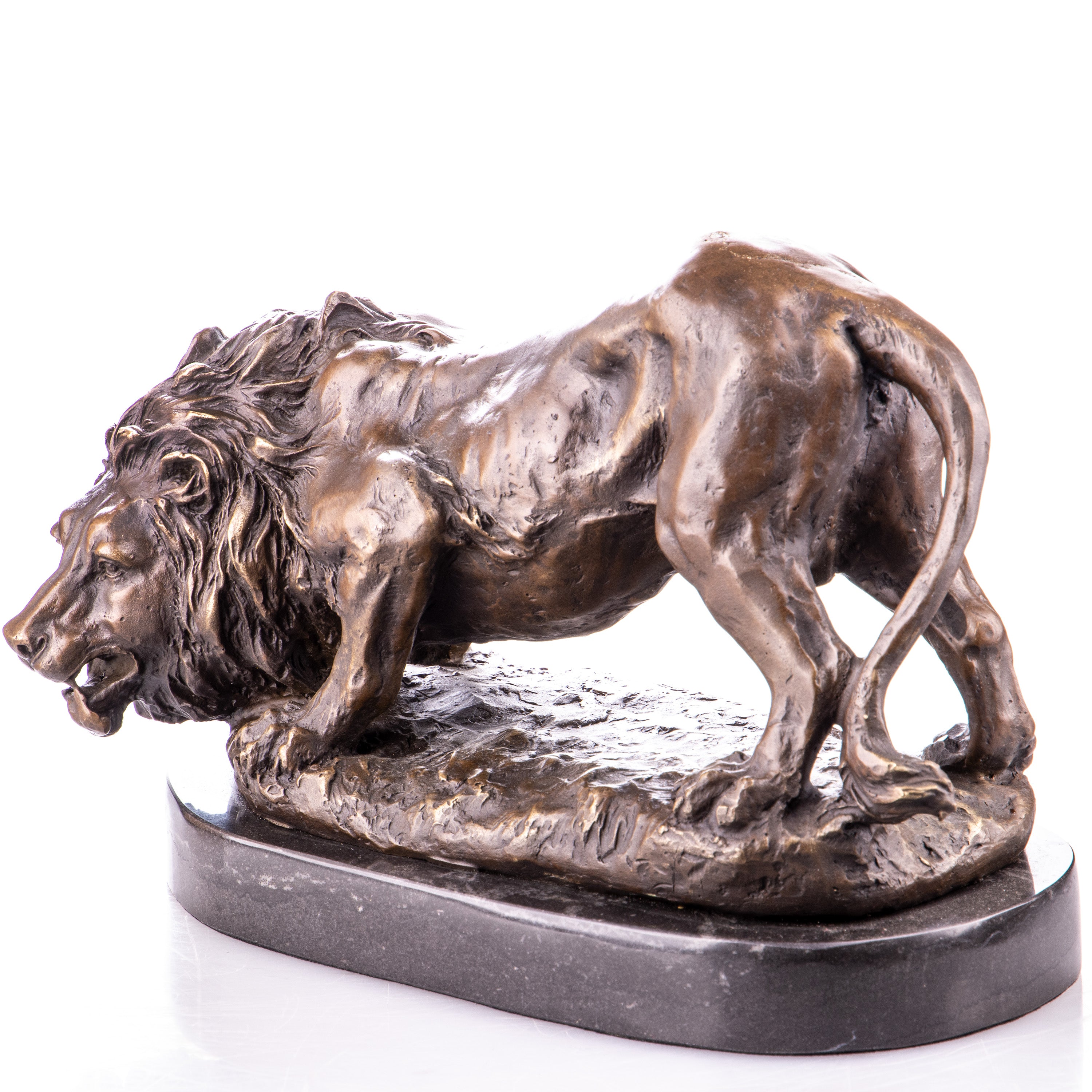 Bronze Skulptur Löwe nach Louis Barye - signierte Tierfigur auf Marmorsockel