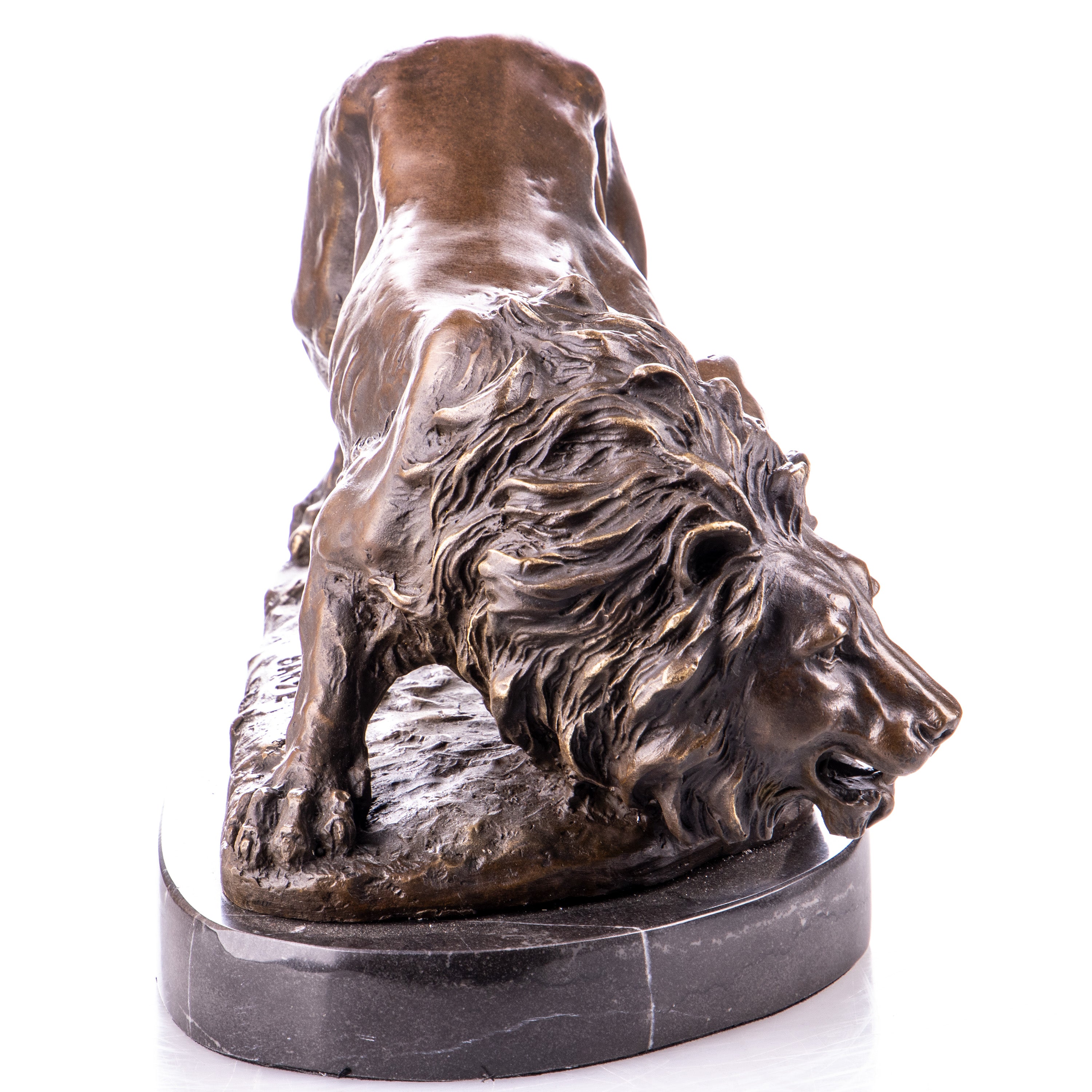 Bronze Skulptur Löwe nach Louis Barye - signierte Tierfigur auf Marmorsockel