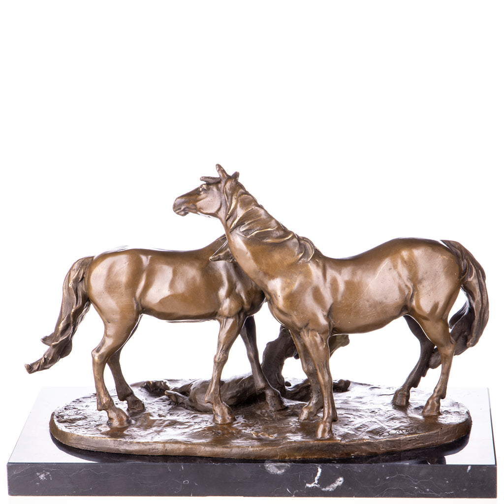 Bronze Skulptur Pferde mit Fohlen nach P.J. Mêne – Tierfigur auf Marmorsockel