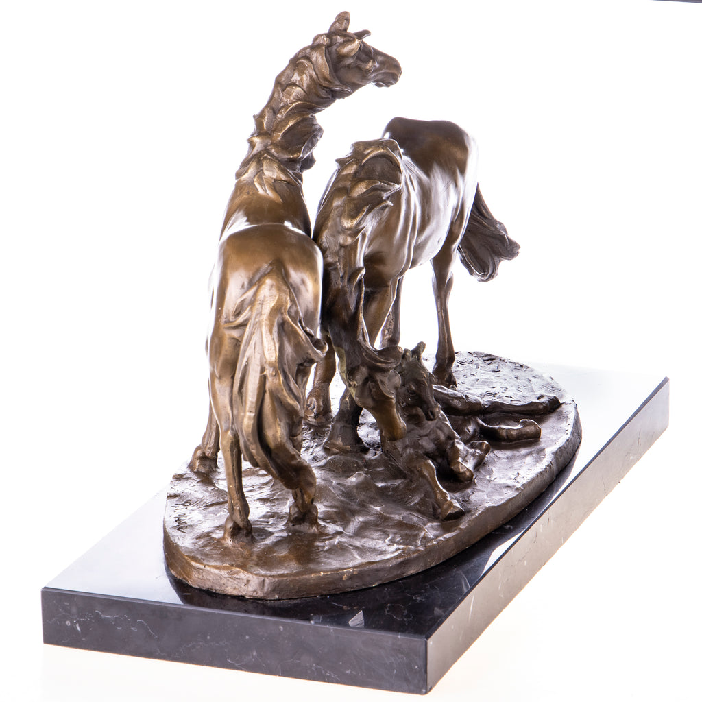 Bronze Skulptur Pferde mit Fohlen nach P.J. Mêne – Tierfigur auf Marmorsockel