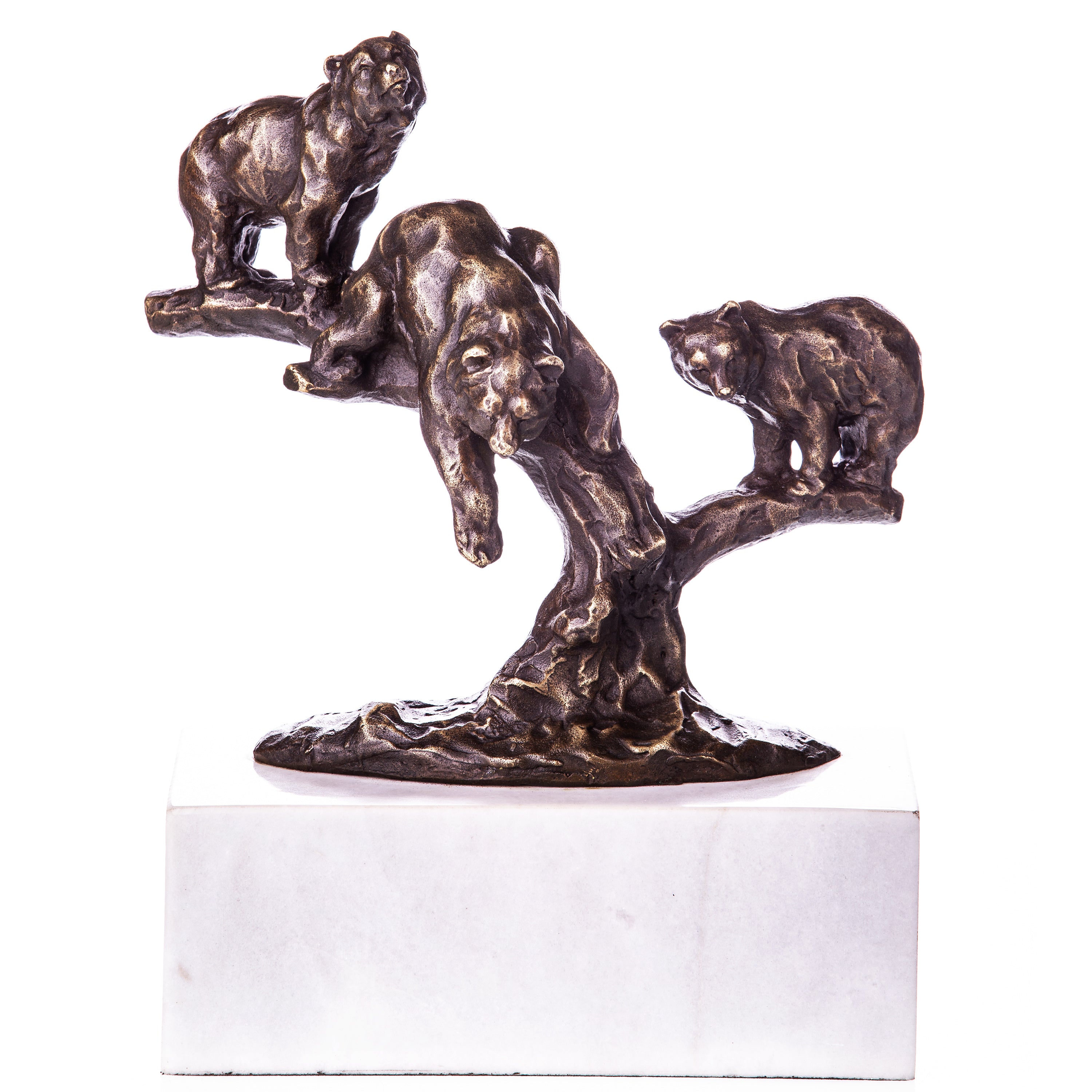 Bronze Skulptur Bären auf Baum – Tierfigur modern auf Marmorsockel