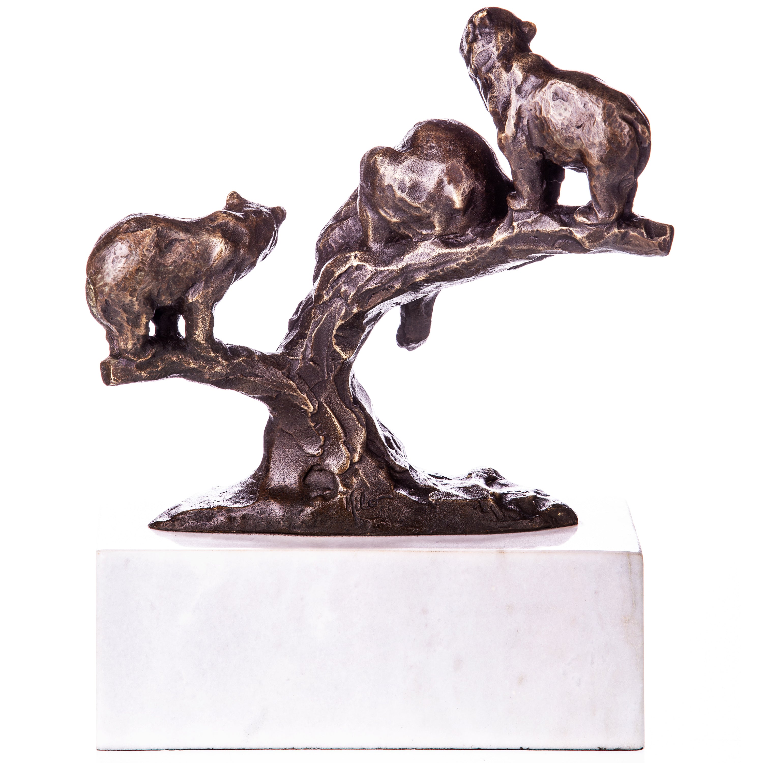 Bronze Skulptur Bären auf Baum – Tierfigur modern auf Marmorsockel