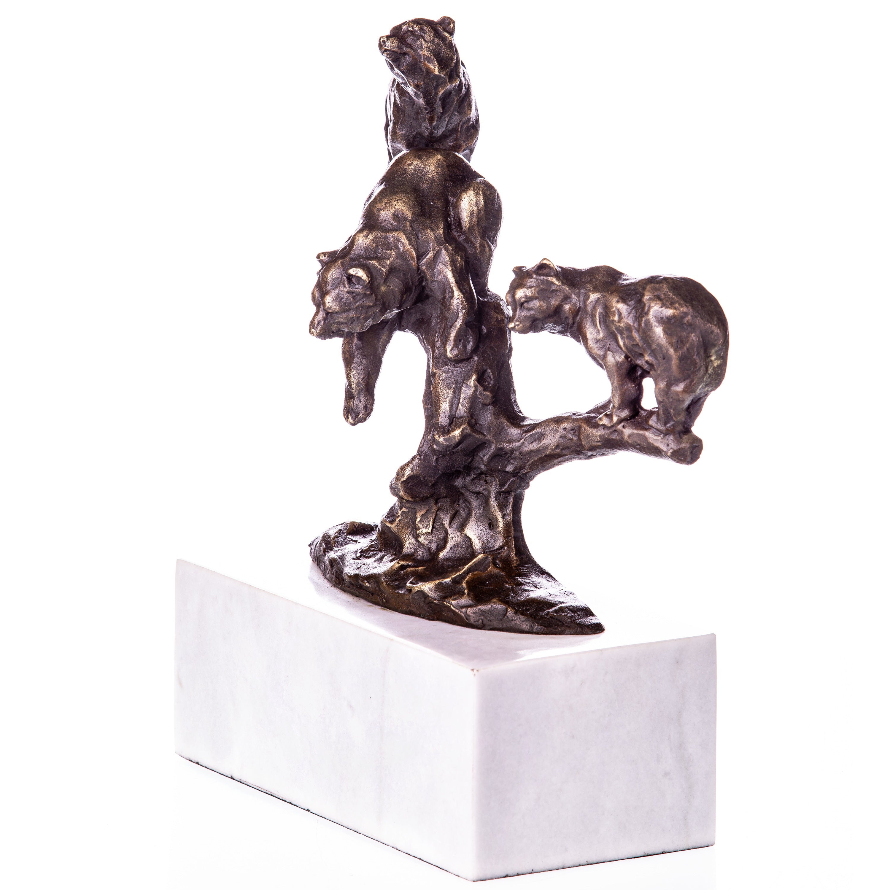Bronze Skulptur Bären auf Baum – Tierfigur modern auf Marmorsockel