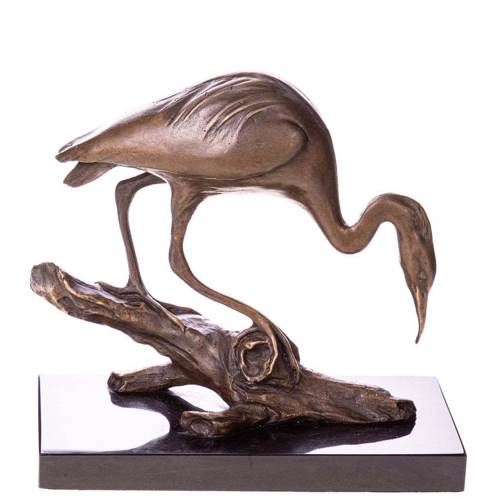 Bronze Skulptur Reiher auf Ast – Tierfigur auf Marmorsockel