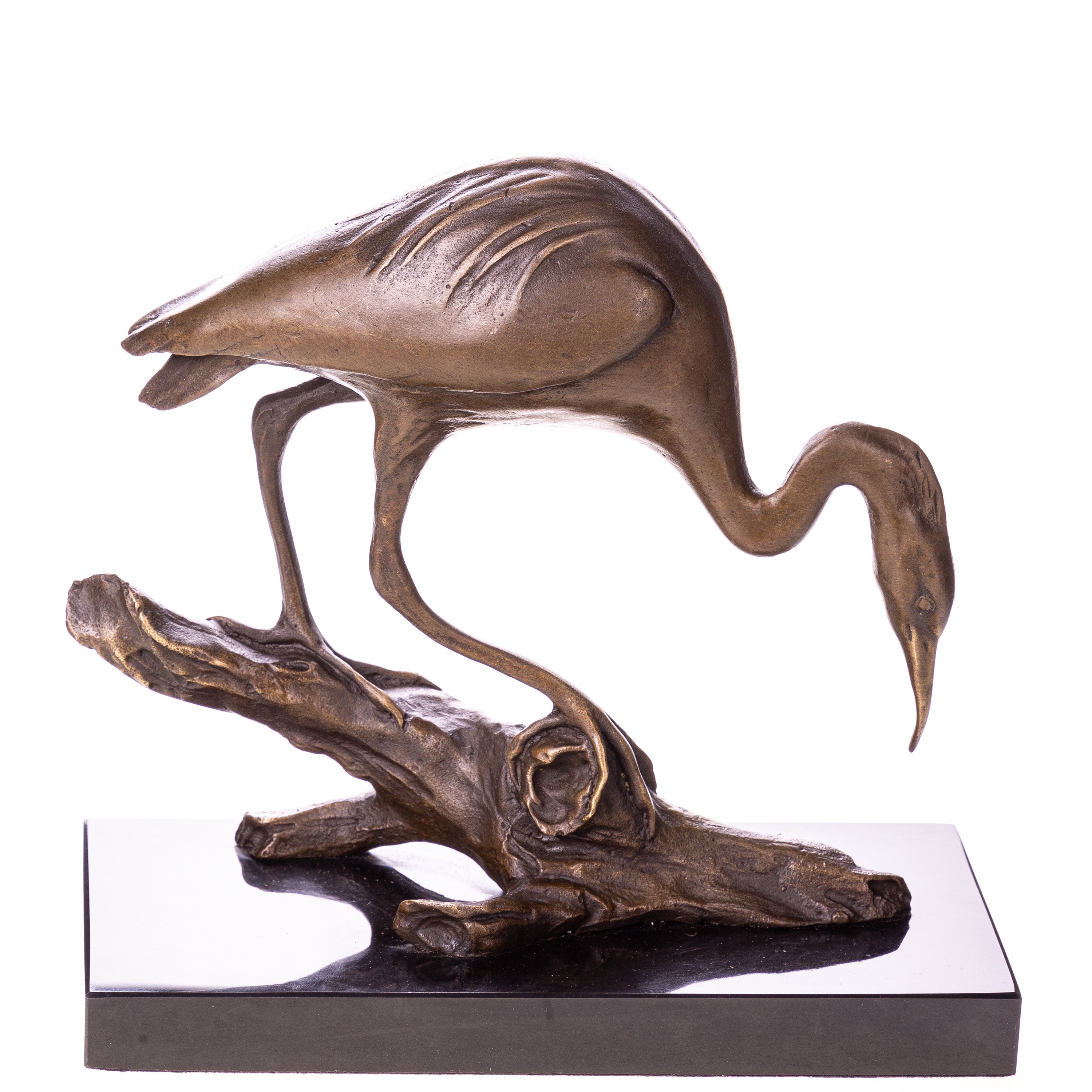Bronze Skulptur Reiher auf Ast – Tierfigur auf Marmorsockel